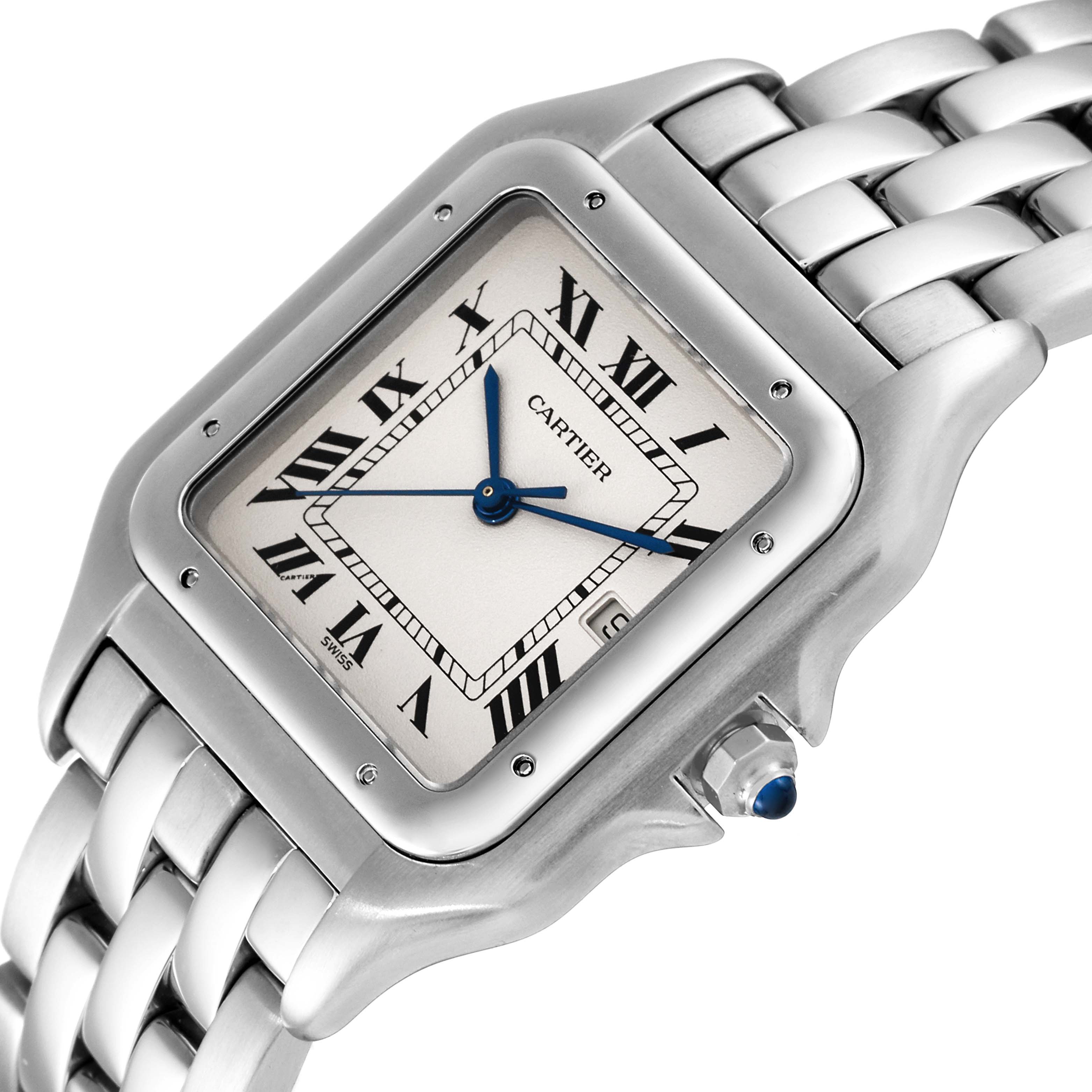 This image shows a close-up of the Panthere de Cartier watch dial, bezel, part of the bracelet, and crown with a blue gemstone.