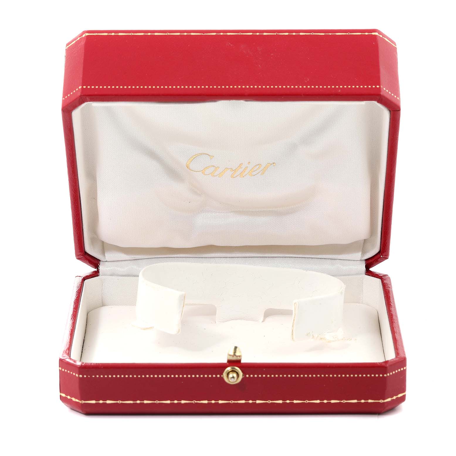 This image shows an open Cartier Panthere W25032P5 Men
s Stainless Steel Silver Dial W25032P5 Men
s Stainless Steel Silver Dial watch box with a white cushion insert inside.