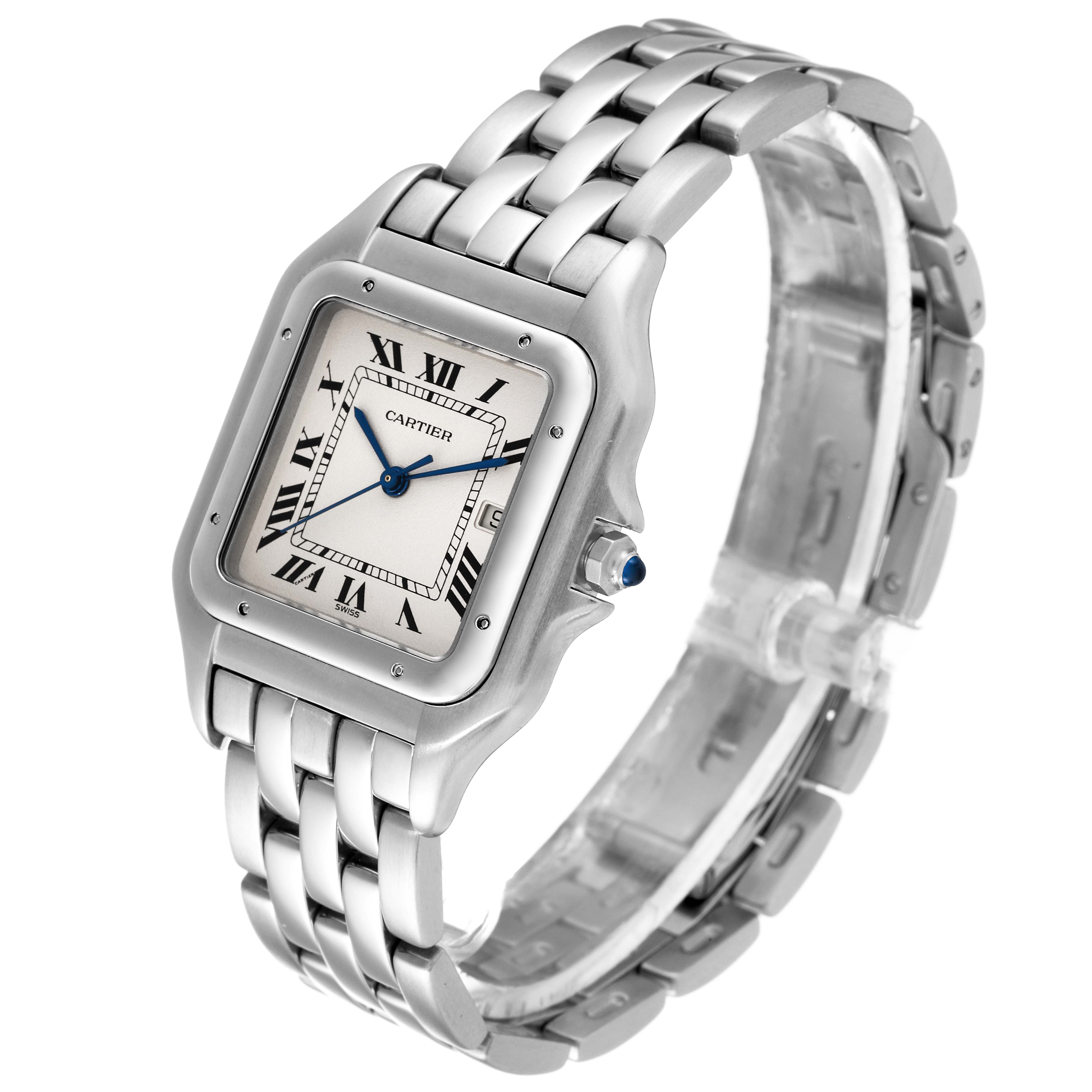 This image shows a Panthere model by Cartier from a three-quarter angle displaying the face, bracelet, and crown.