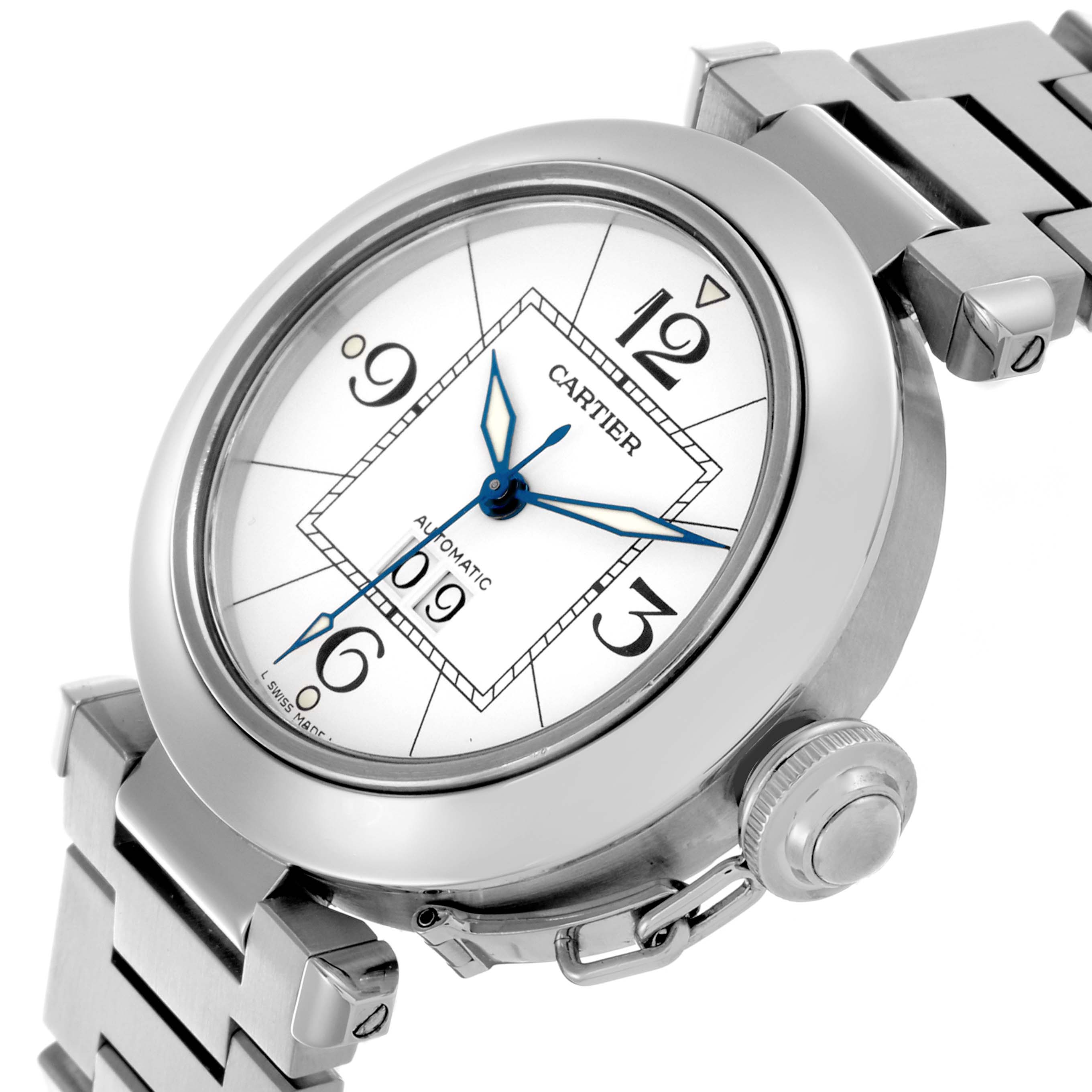 The Cartier Pasha W31055M7 Men
s Stainless Steel White Dial W31055M7 Men
s Stainless Steel White Dial watch is shown from a top-side angle, highlighting the face, bezel, crown, and part of the bracelet.