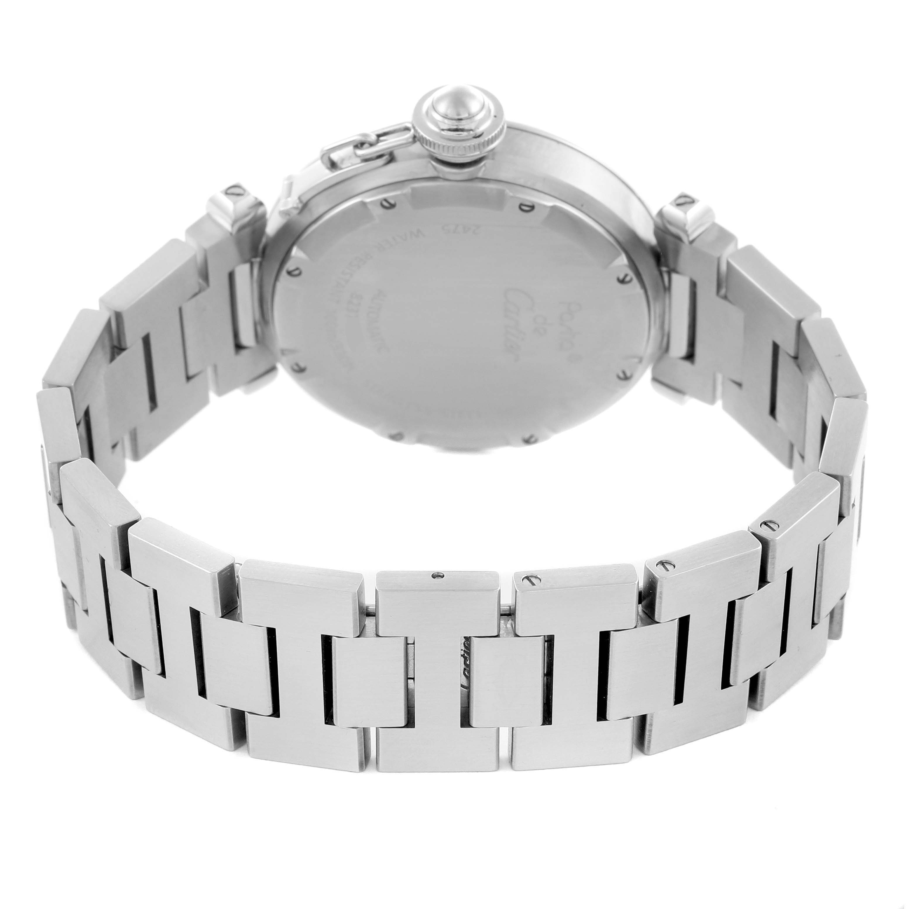 The Cartier Pasha W31055M7 Men
s Stainless Steel White Dial W31055M7 Men
s Stainless Steel White Dial watch is shown from the back, highlighting its case back and metal bracelet.