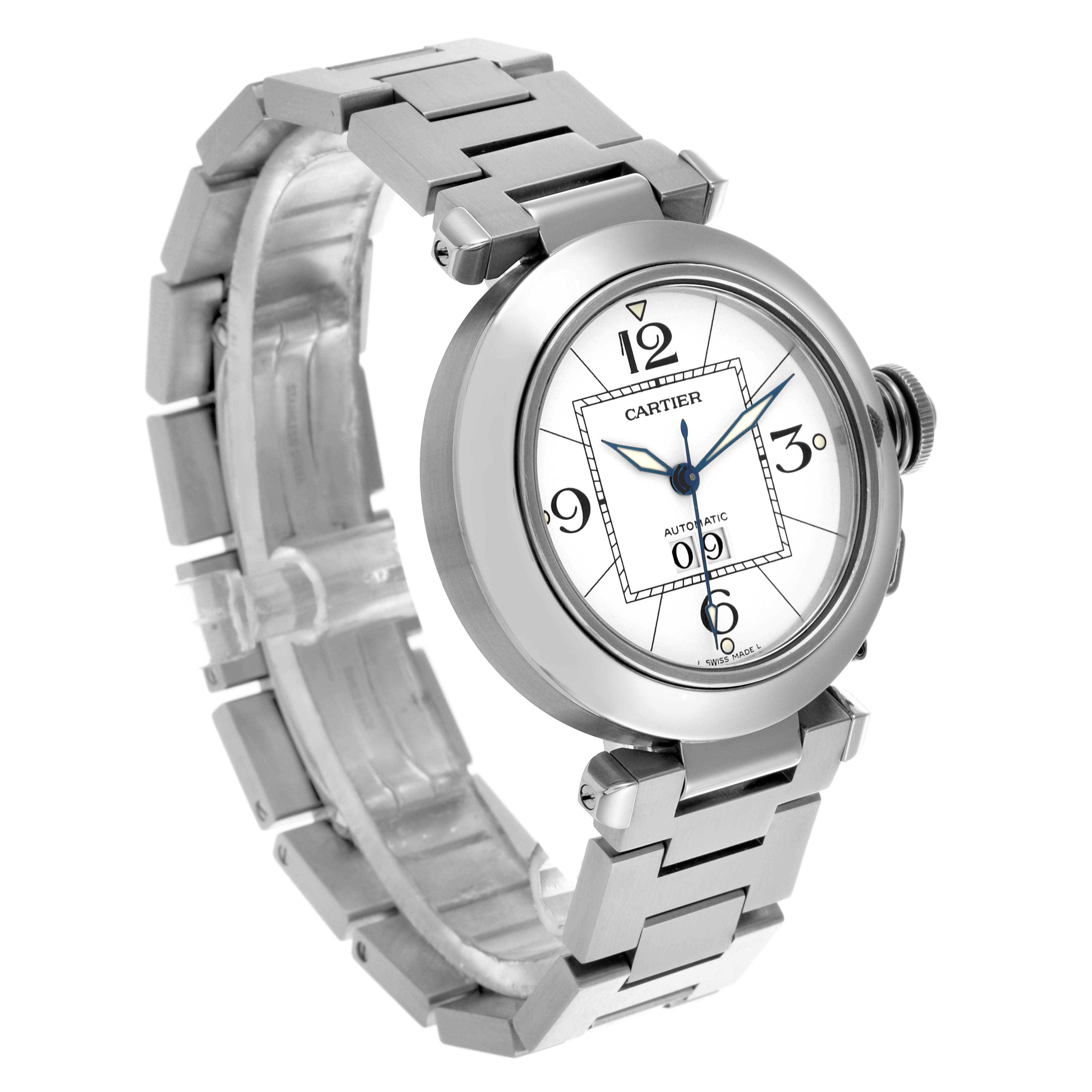 The Cartier Pasha W31055M7 Men
s Stainless Steel White Dial W31055M7 Men
s Stainless Steel White Dial watch is shown at a side angle, displaying the face, bracelet, and crown.