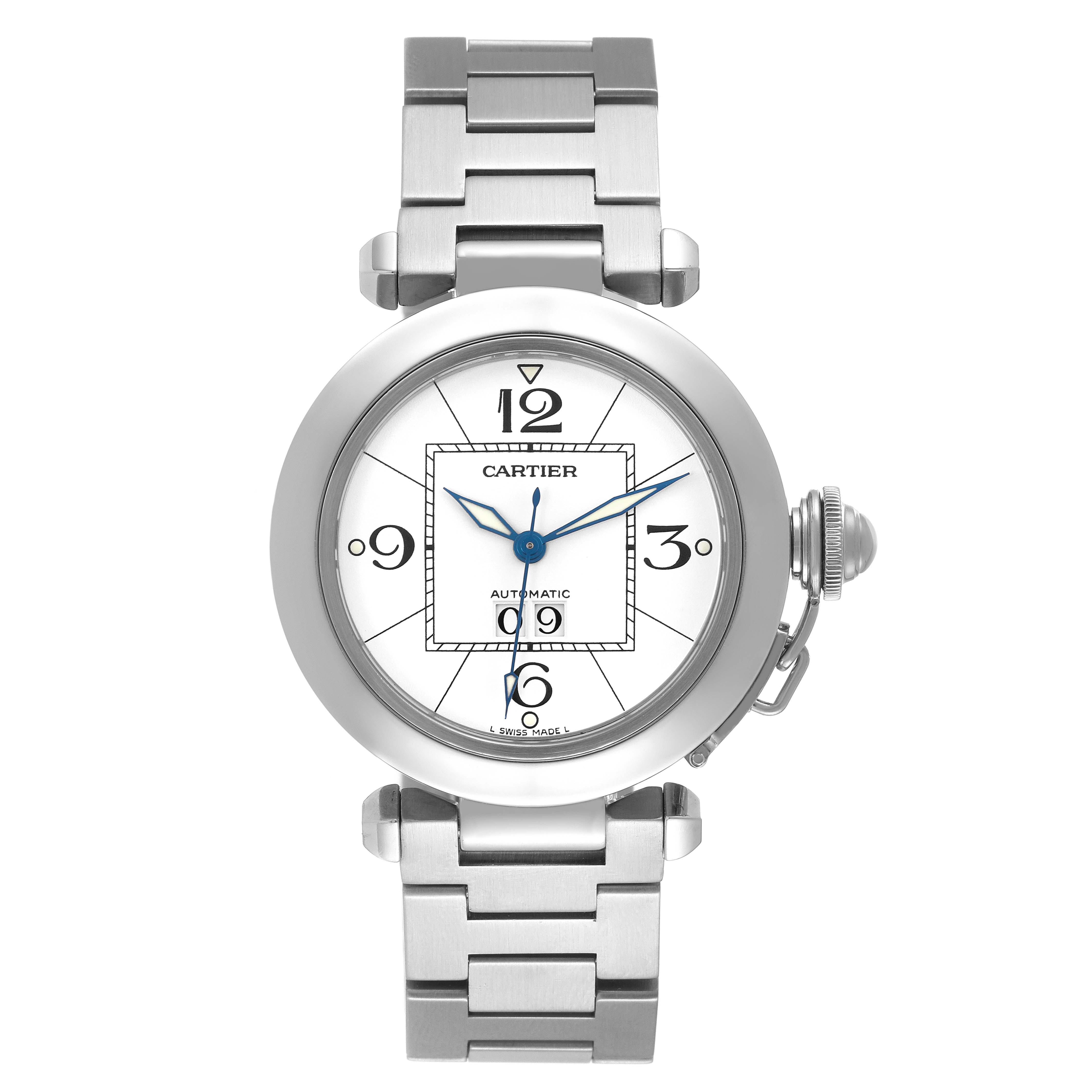 The Cartier Pasha W31055M7 Men
s Stainless Steel White Dial W31055M7 Men
s Stainless Steel White Dial watch is shown from a front angle, displaying the face and bracelet.