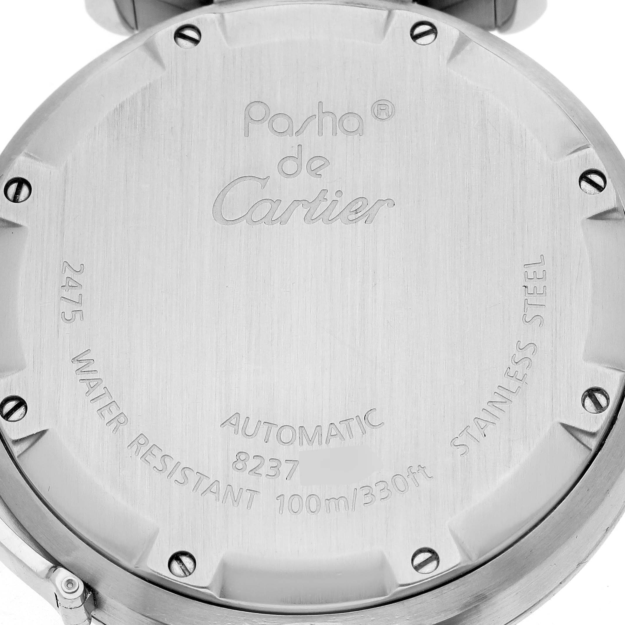 The image shows the back case of the Pasha de Cartier watch at a straight-on angle.