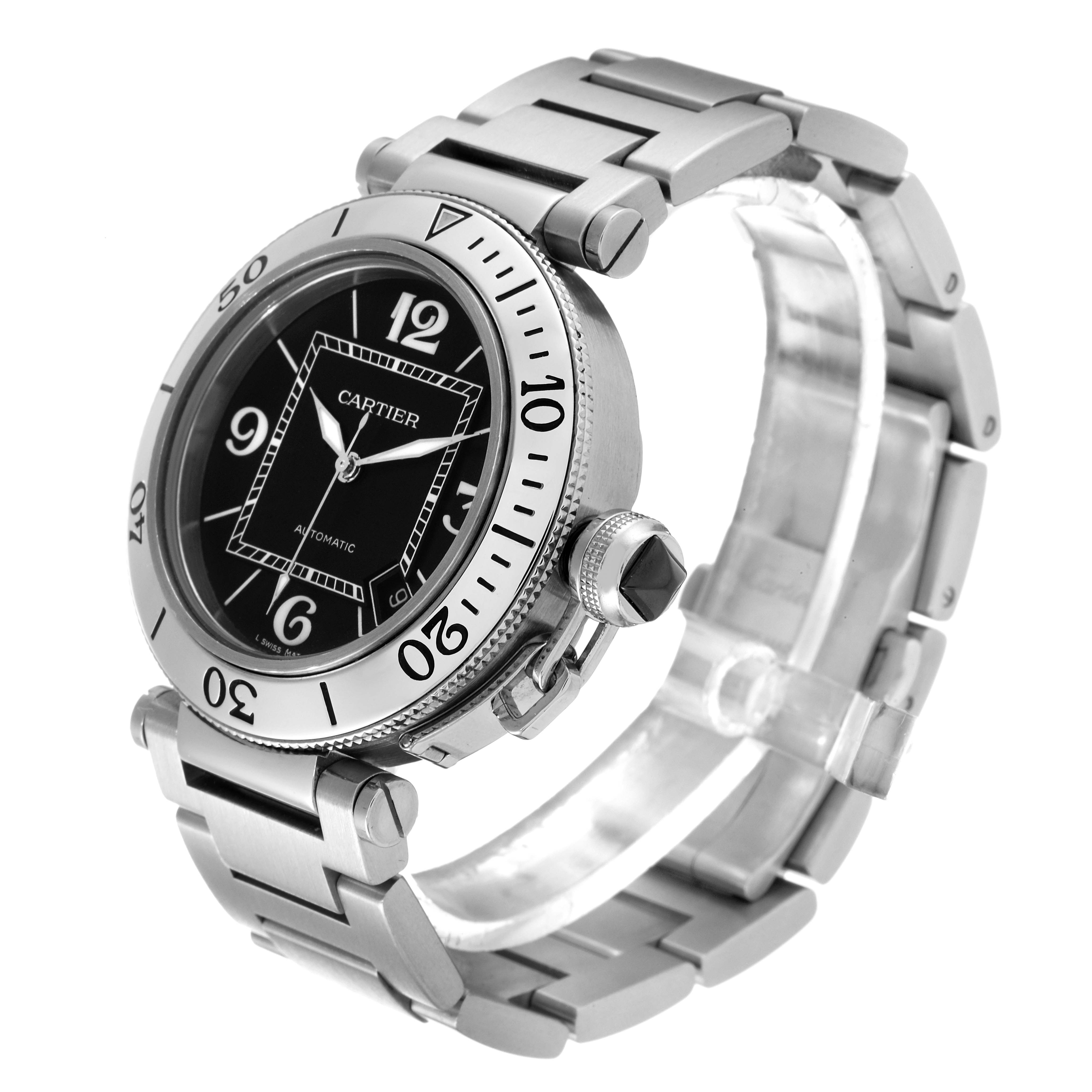 The image shows a Cartier Pasha W31077M7 Men's Stainless Steel Black Dial W31077M7 Men's Stainless Steel Black Dial watch angled to display the face, bezel, crown, and part of the bracelet.
