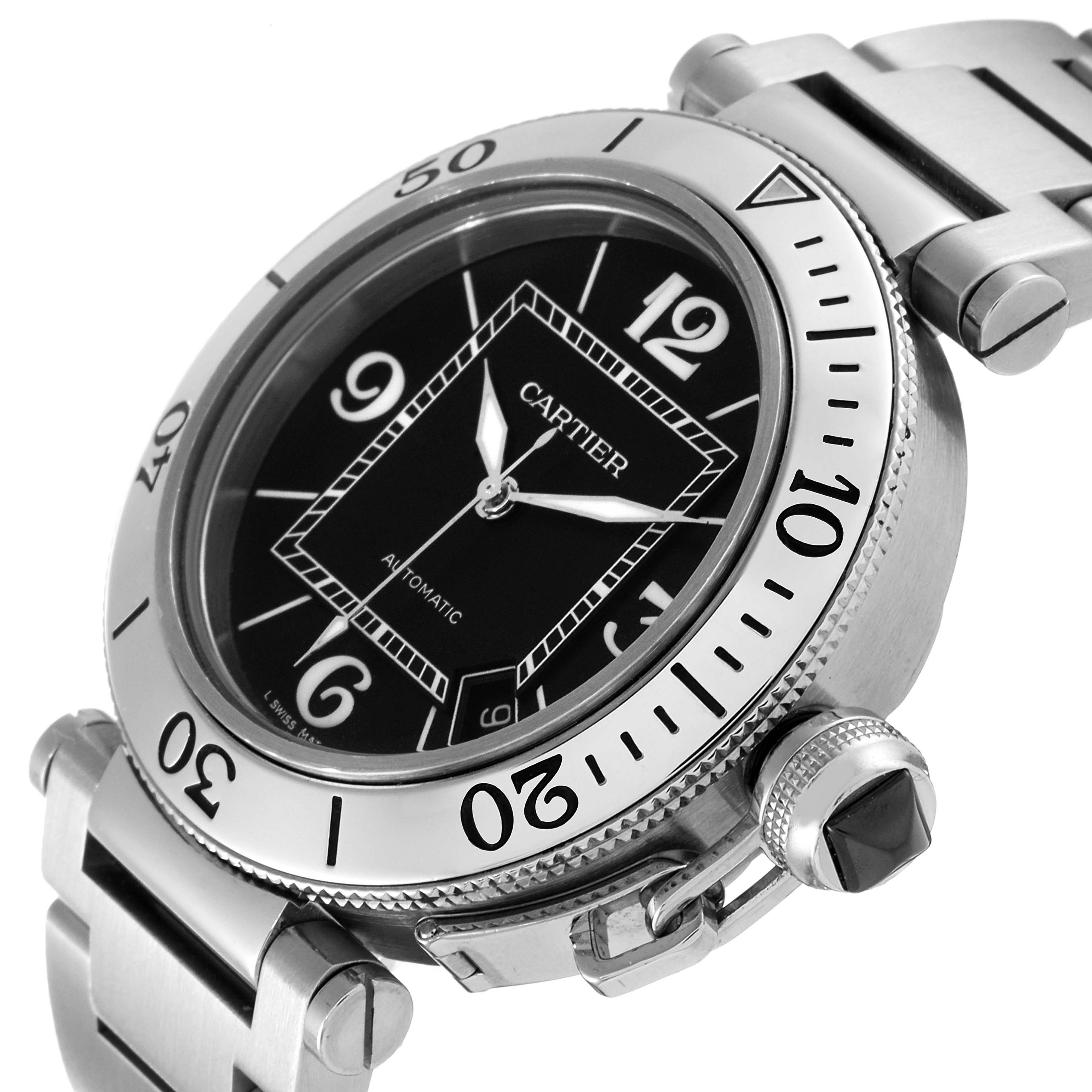 The image shows a close-up angled view of a Cartier Pasha W31077M7 Men's Stainless Steel Black Dial W31077M7 Men's Stainless Steel Black Dial watch, highlighting its bezel, dial, bracelet, and crown.