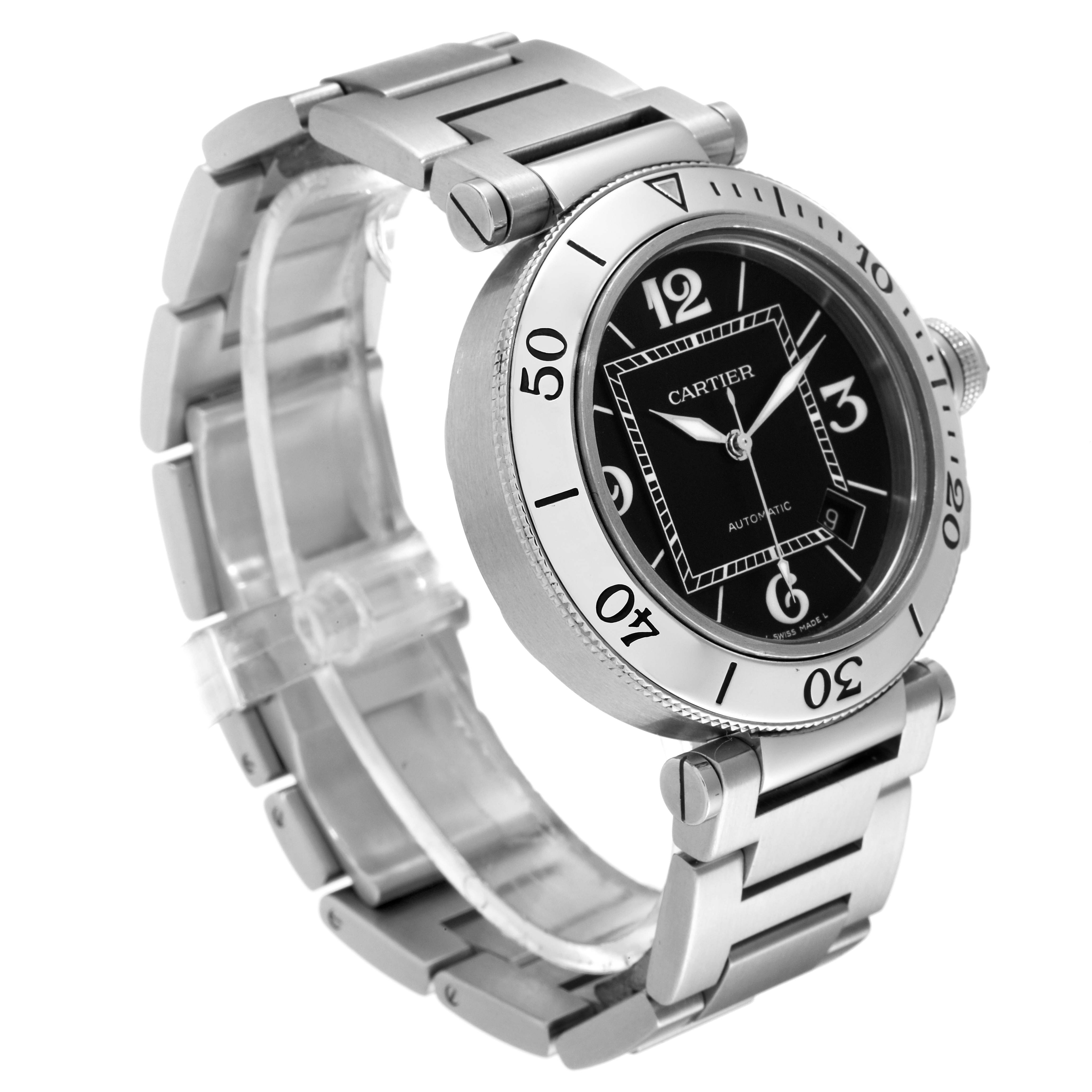 The image shows a side view of a Cartier Pasha W31077M7 Men's Stainless Steel Black Dial W31077M7 Men's Stainless Steel Black Dial watch, featuring the face, bezel, and metal bracelet.