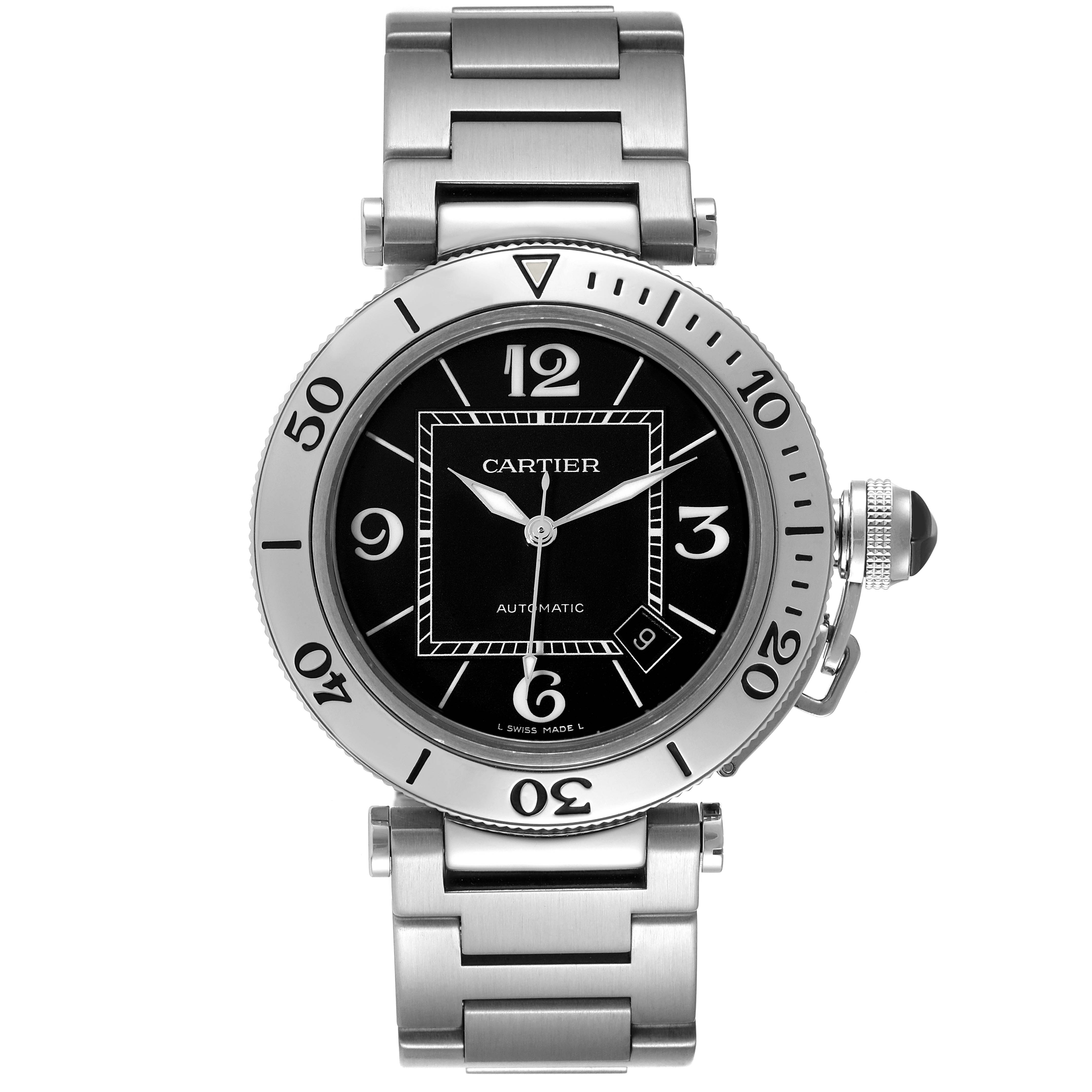 The Cartier Pasha W31077M7 Men's Stainless Steel Black Dial W31077M7 Men's Stainless Steel Black Dial model watch is shown from a front angle, displaying its black dial, metal band, and bezel with numerals.