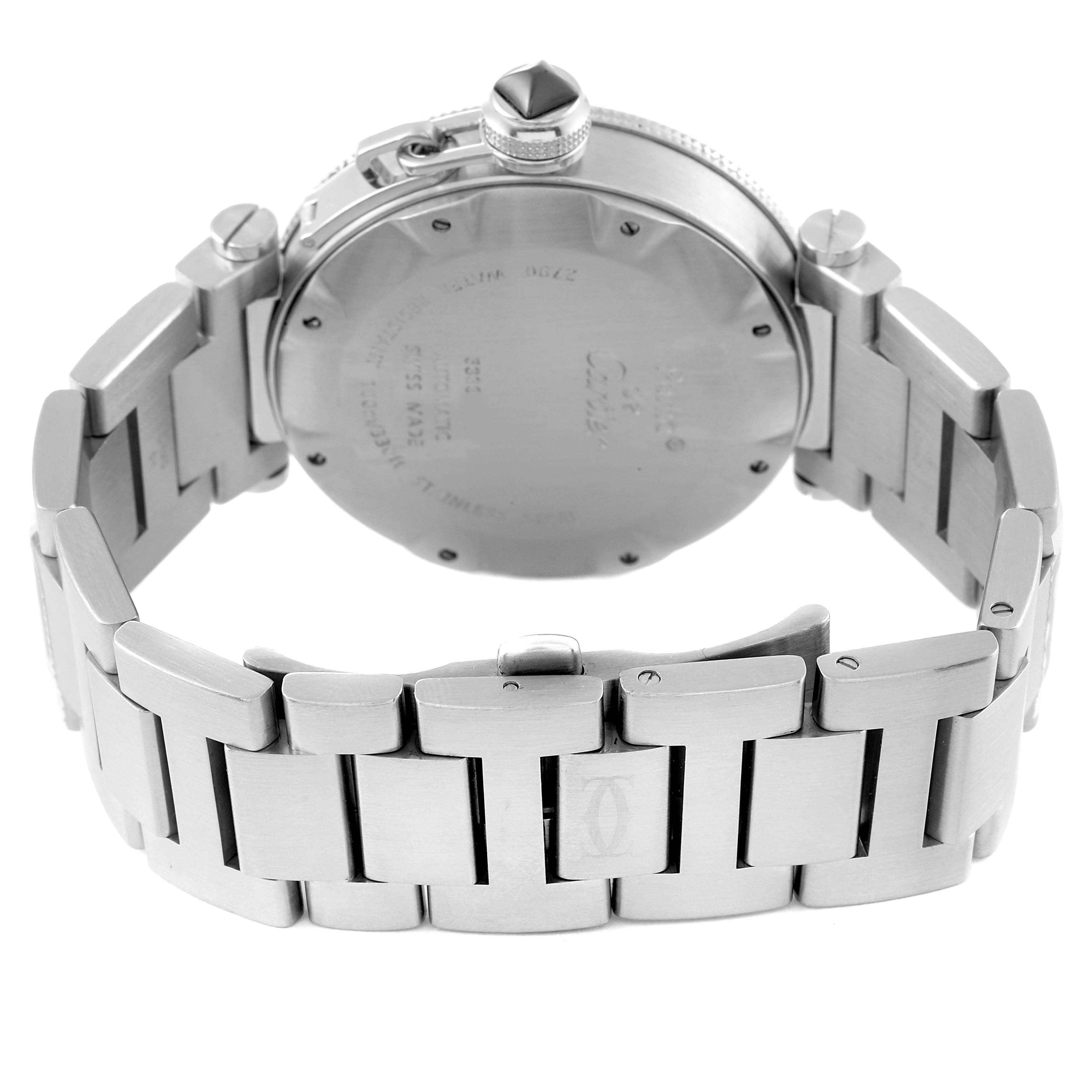 The image shows the back of the Cartier Pasha W31077M7 Men's Stainless Steel Black Dial W31077M7 Men's Stainless Steel Black Dial model watch, focusing on the bracelet and clasp.