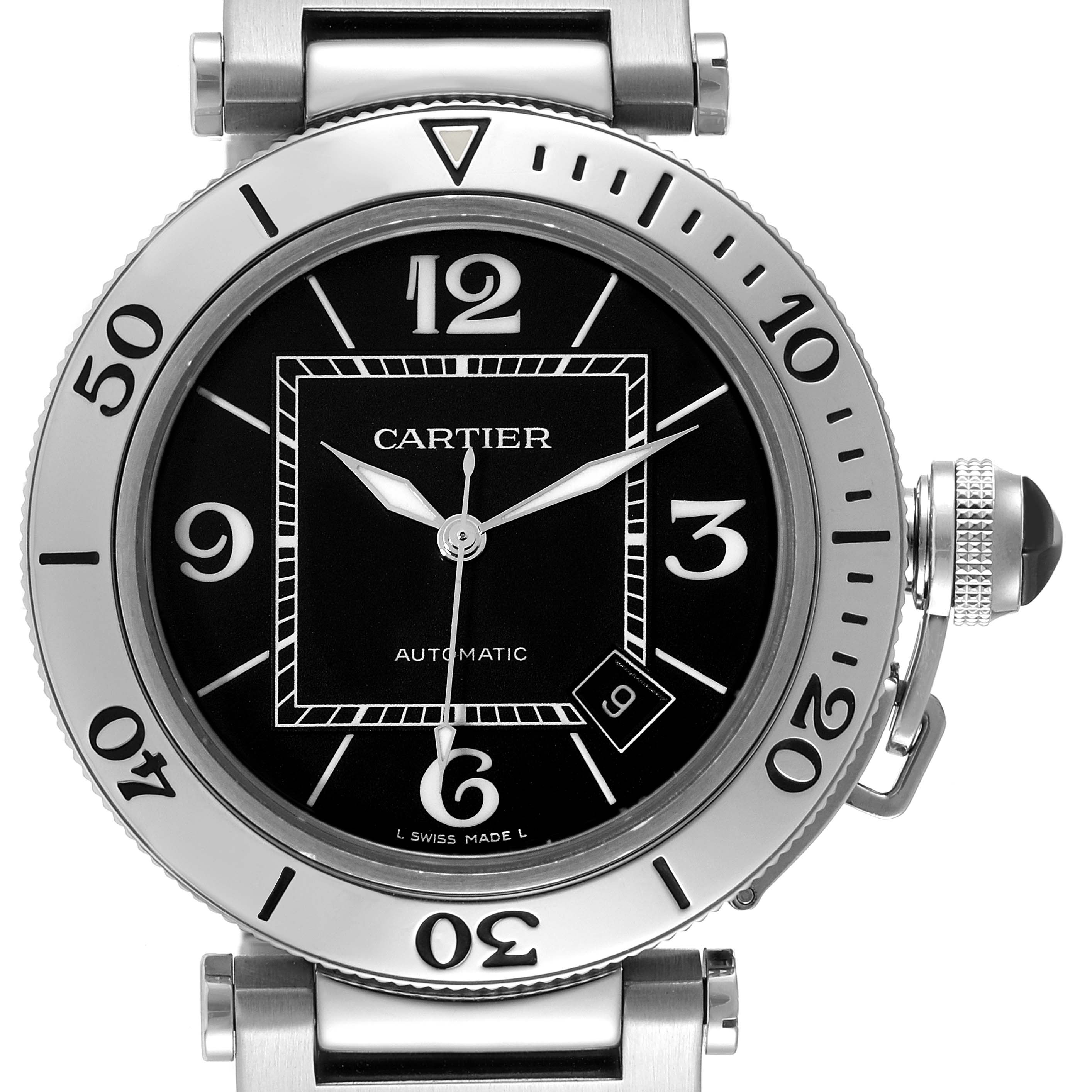 The image shows a front view of the Cartier Pasha W31077M7 Men's Stainless Steel Black Dial W31077M7 Men's Stainless Steel Black Dial model watch, displaying its round dial, bezel, and crown.