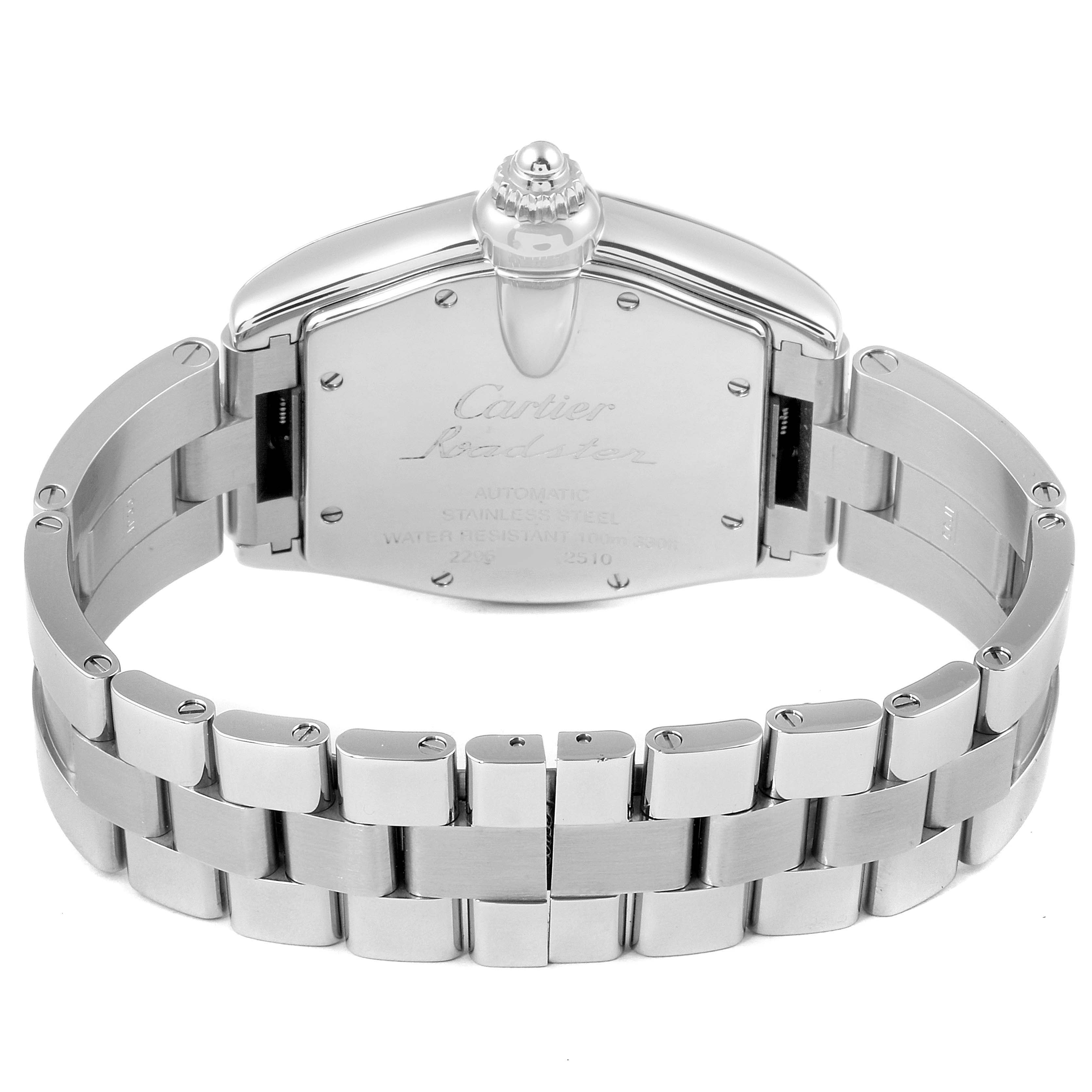 The image shows the back and bracelet of a Cartier Roadster W62025V3 Men's Stainless Steel Silver Dial W62025V3 Men's Stainless Steel Silver Dial watch viewed from a straight rear angle.
