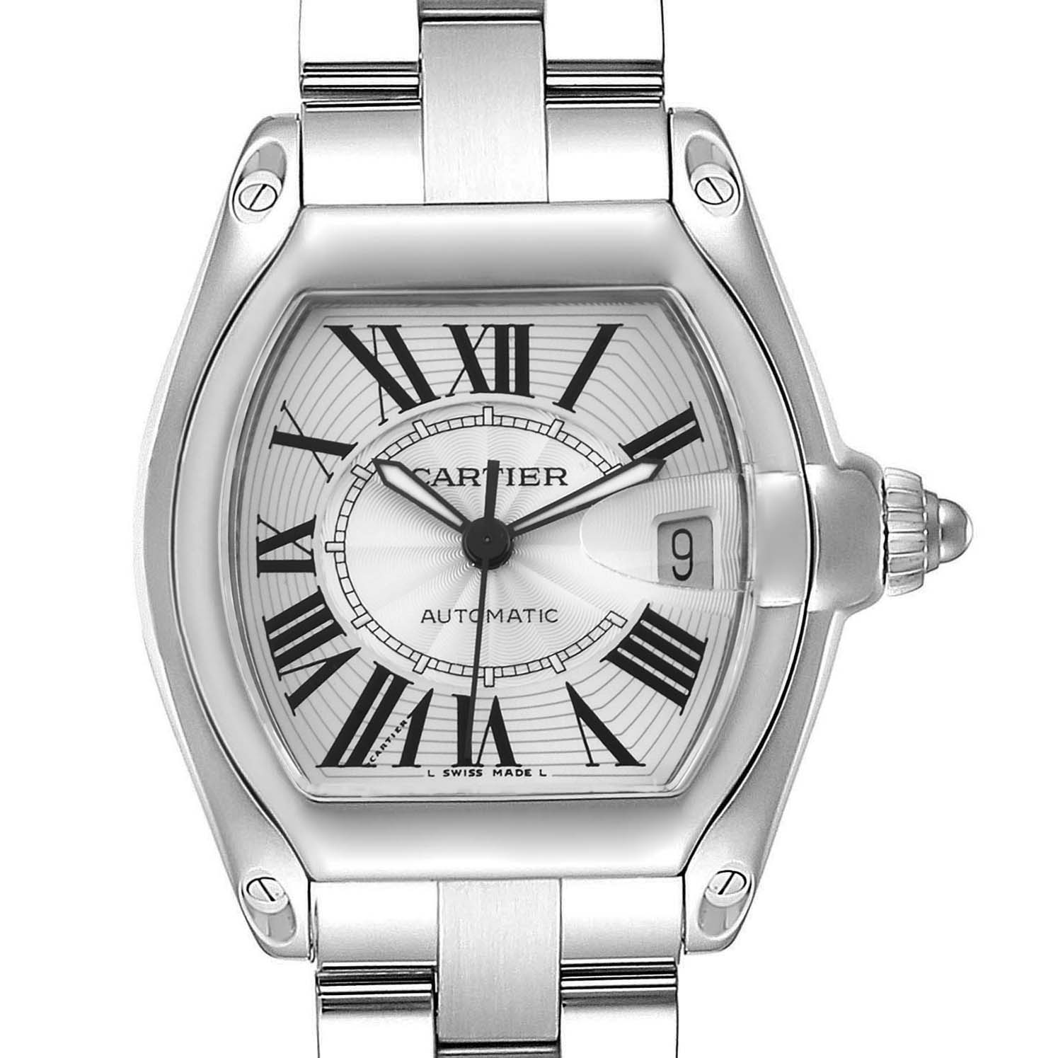 This Roadster model by Cartier is shown from a front angle, displaying the dial, hands, and stainless steel bracelet.