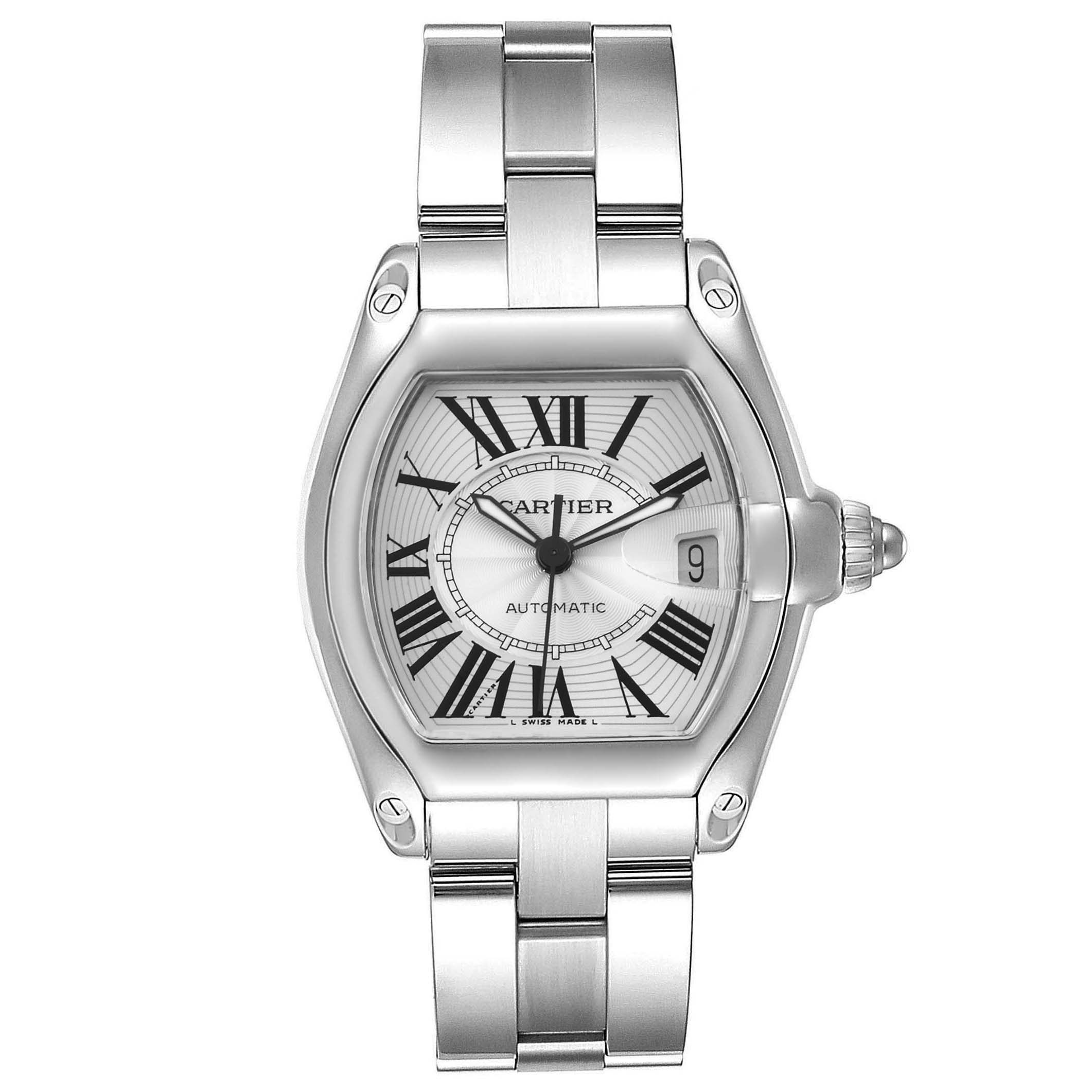 This Cartier Roadster W62025V3 Men's Stainless Steel Silver Dial W62025V3 Men's Stainless Steel Silver Dial watch is shown from the front, displaying its face, bracelet, and crown.
