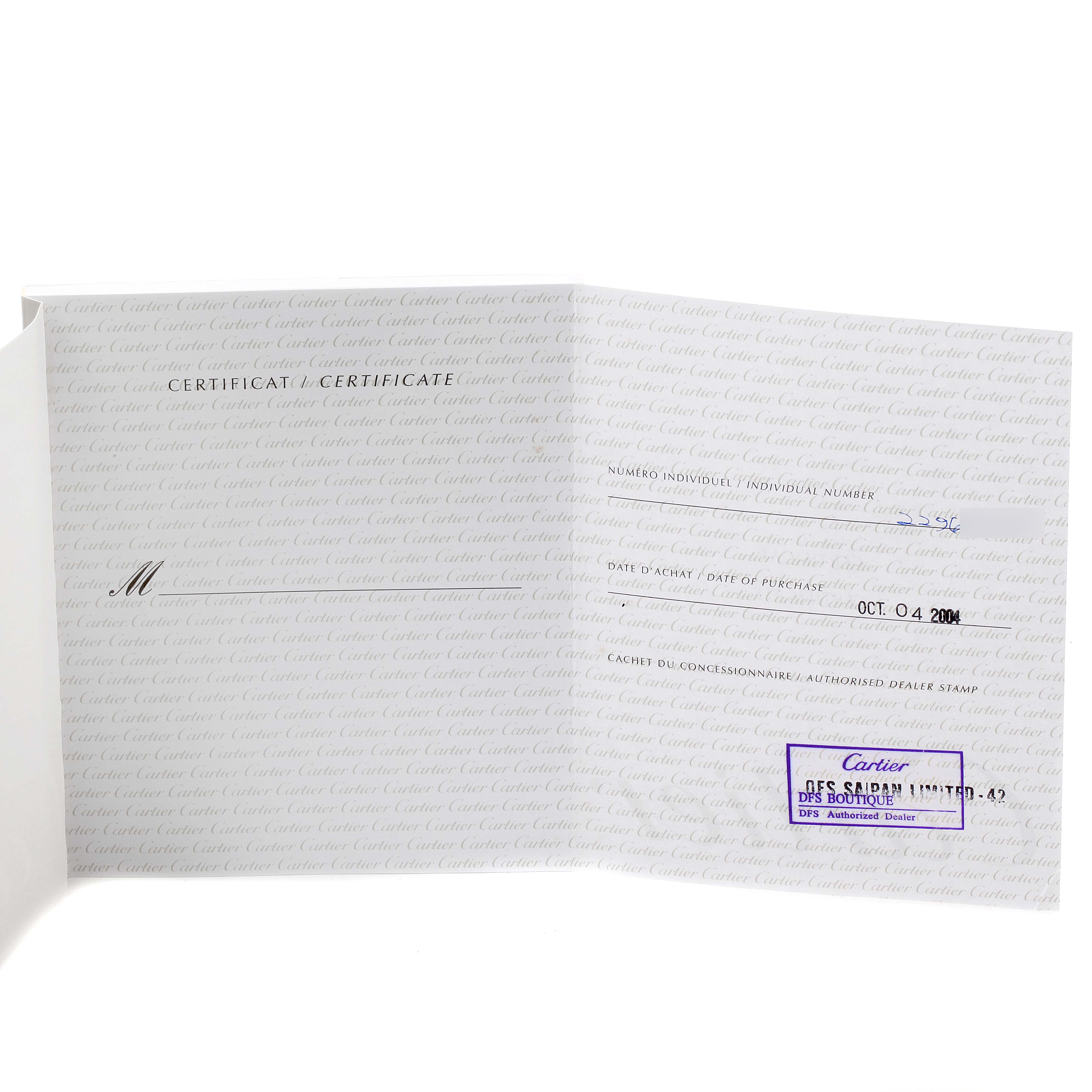 This image shows the certificate of authenticity for the Cartier Roadster W62025V3 Men's Stainless Steel Silver Dial W62025V3 Men's Stainless Steel Silver Dial model watch, with details and a dealer stamp visible.