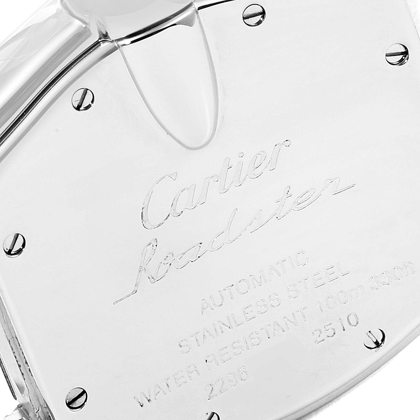 This image shows the back case of the Cartier Roadster W62025V3 Men's Stainless Steel Silver Dial W62025V3 Men's Stainless Steel Silver Dial watch, highlighting the engraved model details.