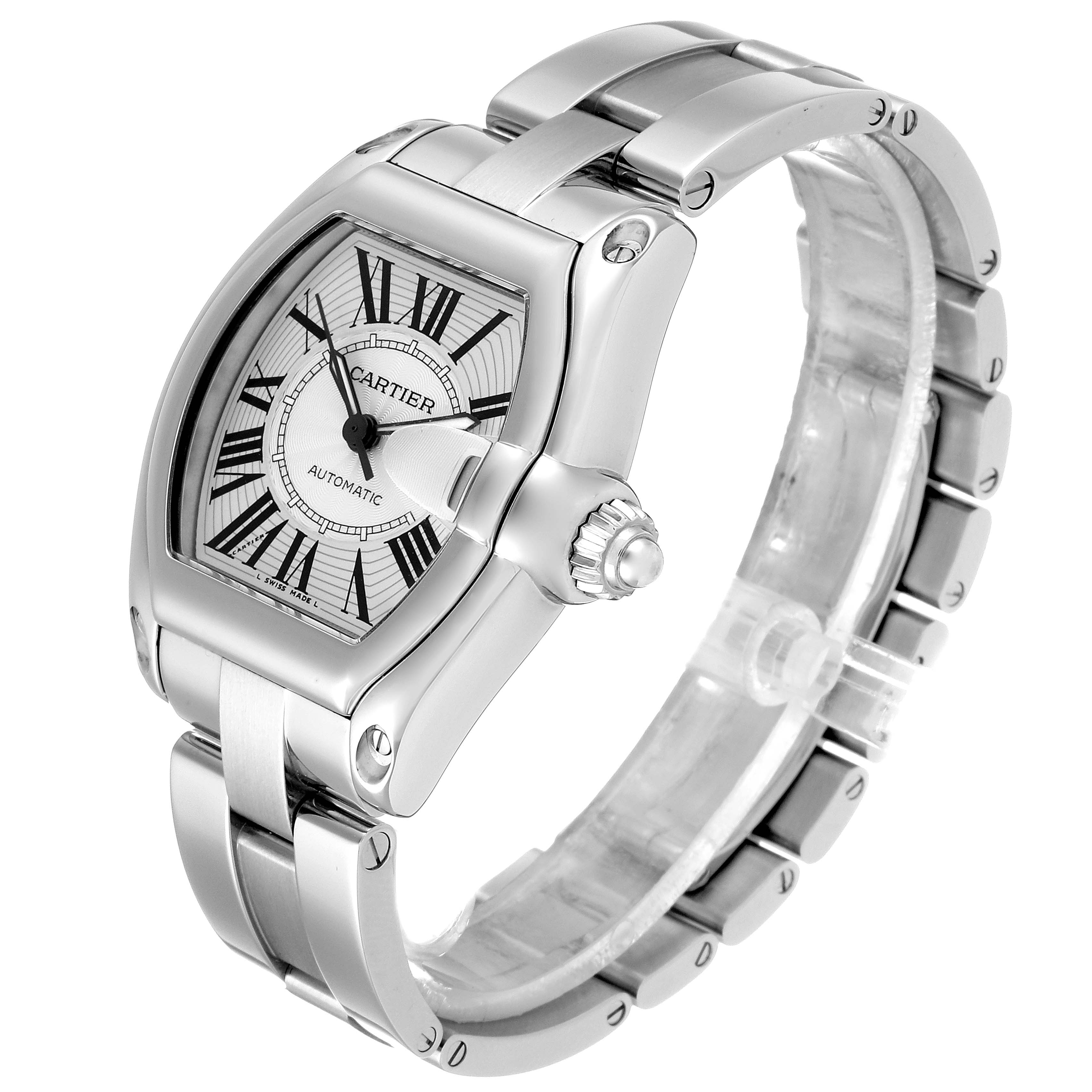 This image shows a Cartier Roadster W62025V3 Men's Stainless Steel Silver Dial W62025V3 Men's Stainless Steel Silver Dial watch at a three-quarter angle, highlighting its face, case, and metallic strap.