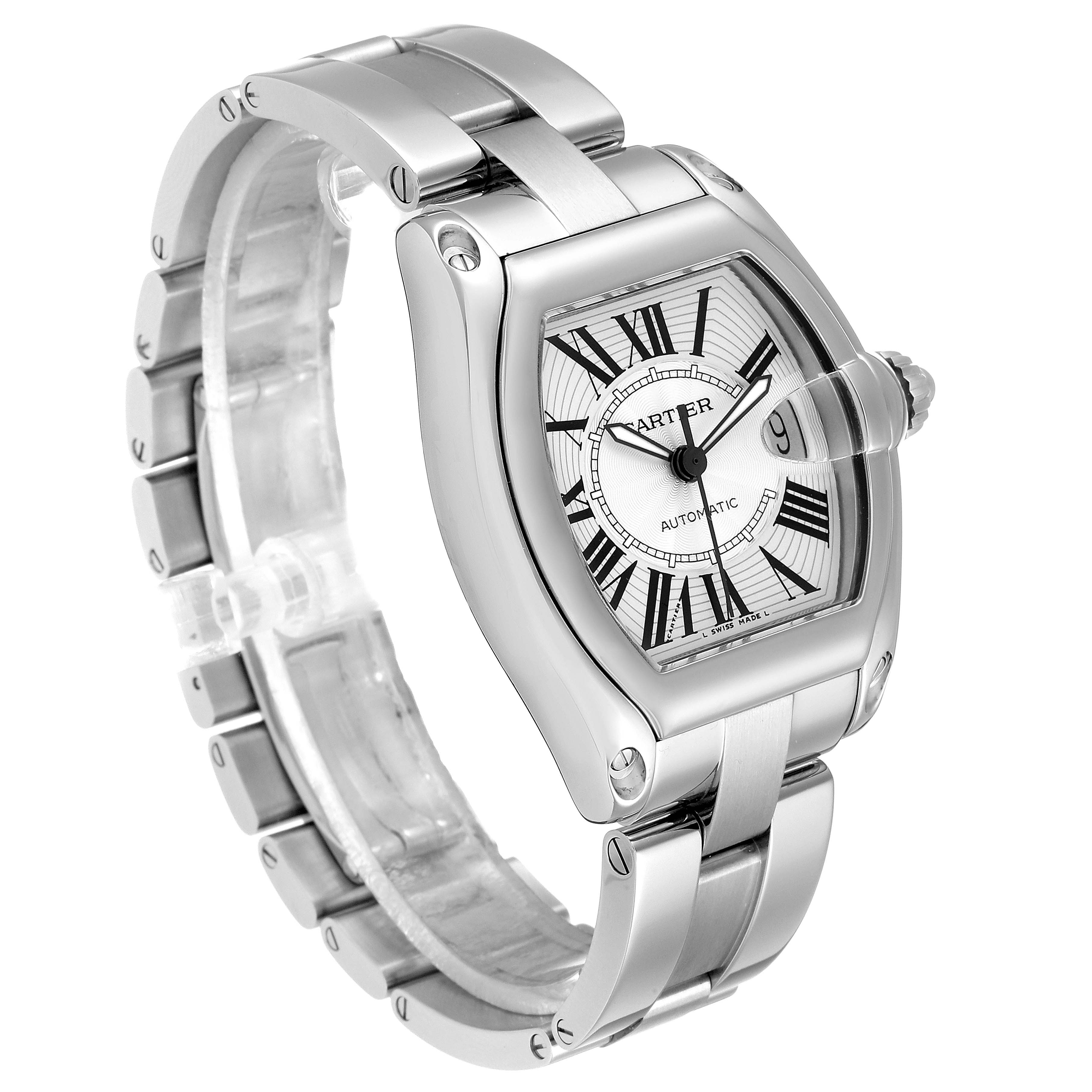 This image shows the Cartier Roadster W62025V3 Men's Stainless Steel Silver Dial W62025V3 Men's Stainless Steel Silver Dial watch from an oblique angle, highlighting its face, bracelet, and clasp.