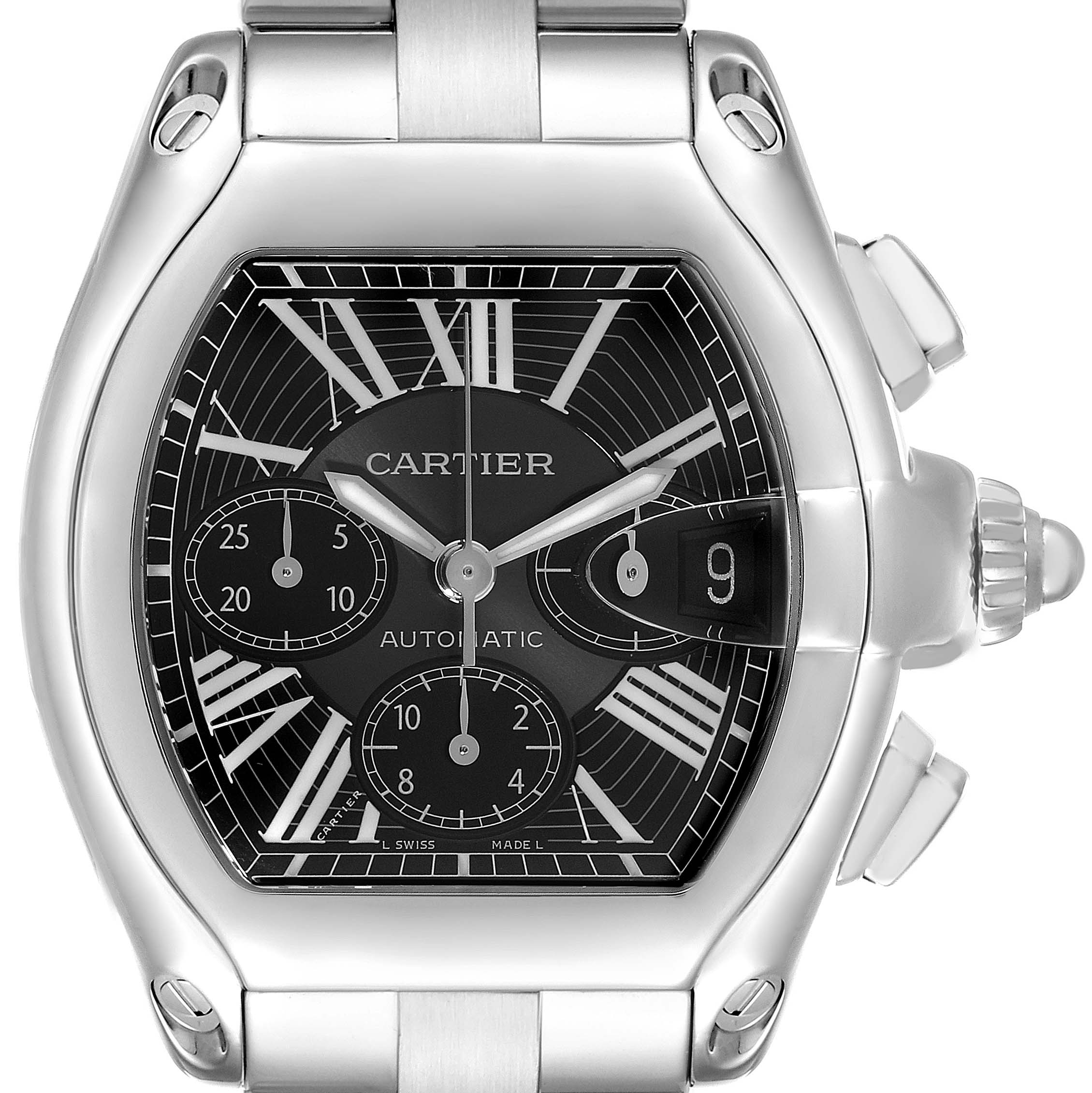 The Cartier Roadster W62020X6 Men's Stainless Steel Black Dial watch is shown from a front angle, displaying the dial, case, crown, and part of the bracelet.