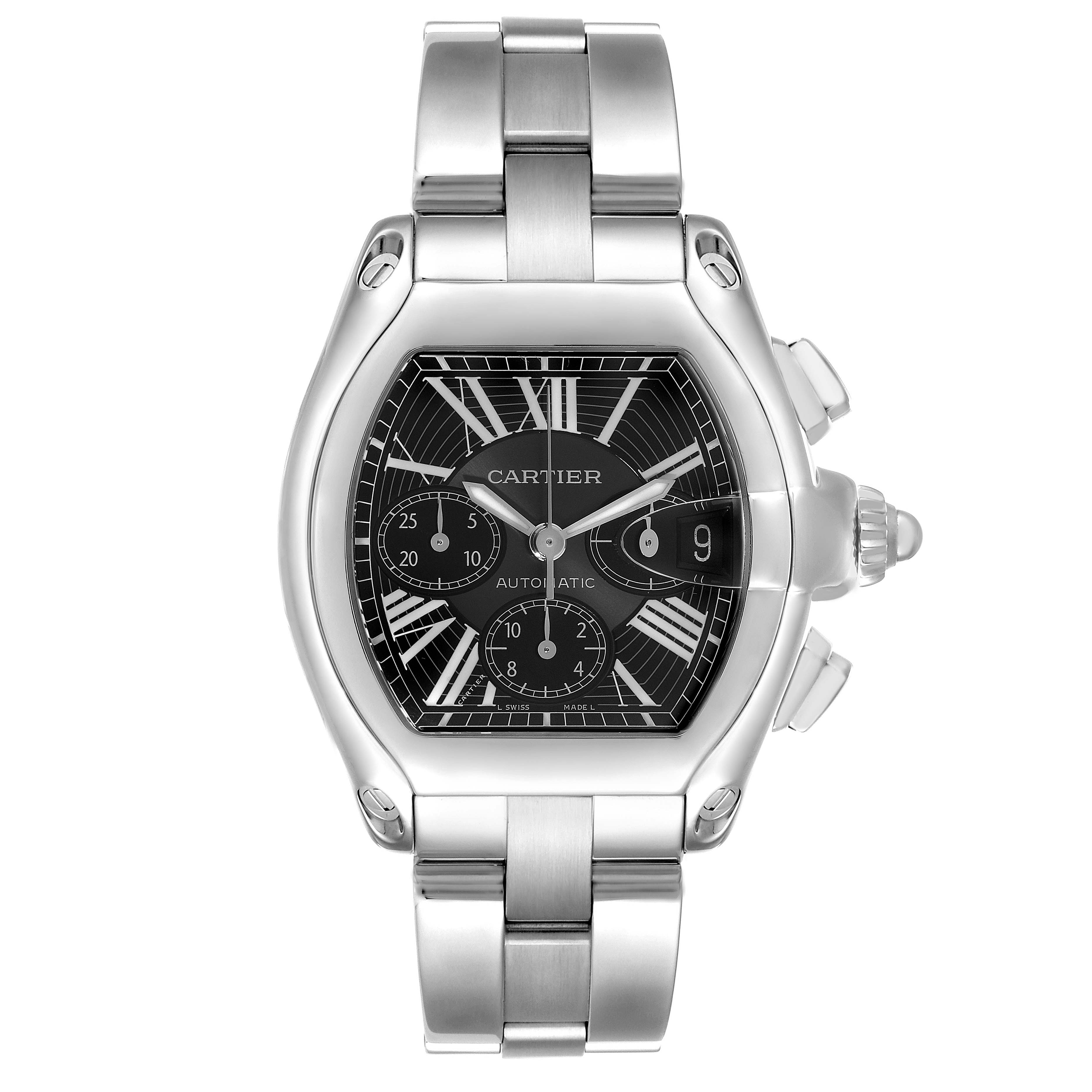 The Cartier Roadster W62020X6 Men's Stainless Steel Black Dial watch is shown from a top view, highlighting the face, bezel, and bracelet.