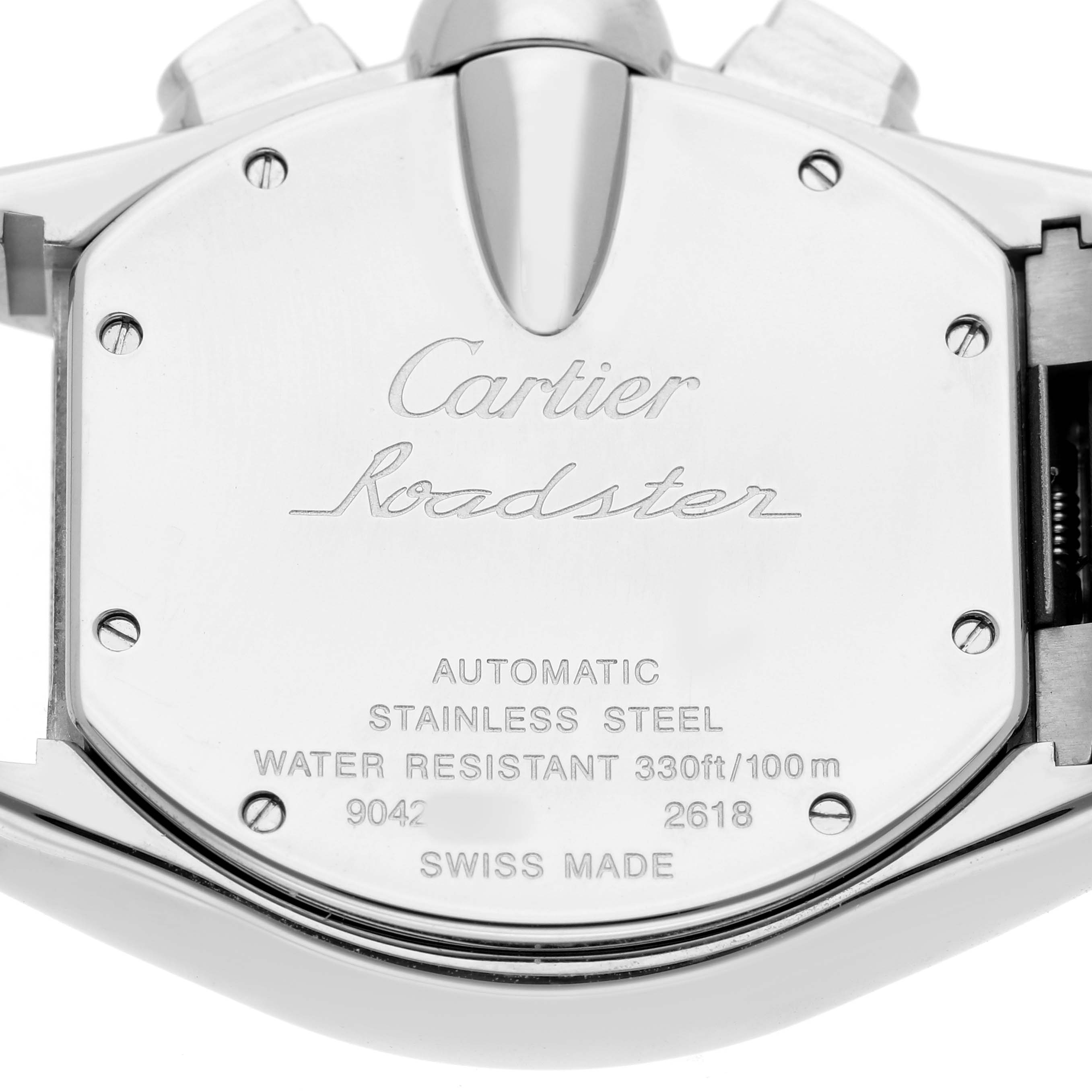 The image shows the back case of the Cartier Roadster W62020X6 Men's Stainless Steel Black Dial watch, highlighting details like materials and water resistance.