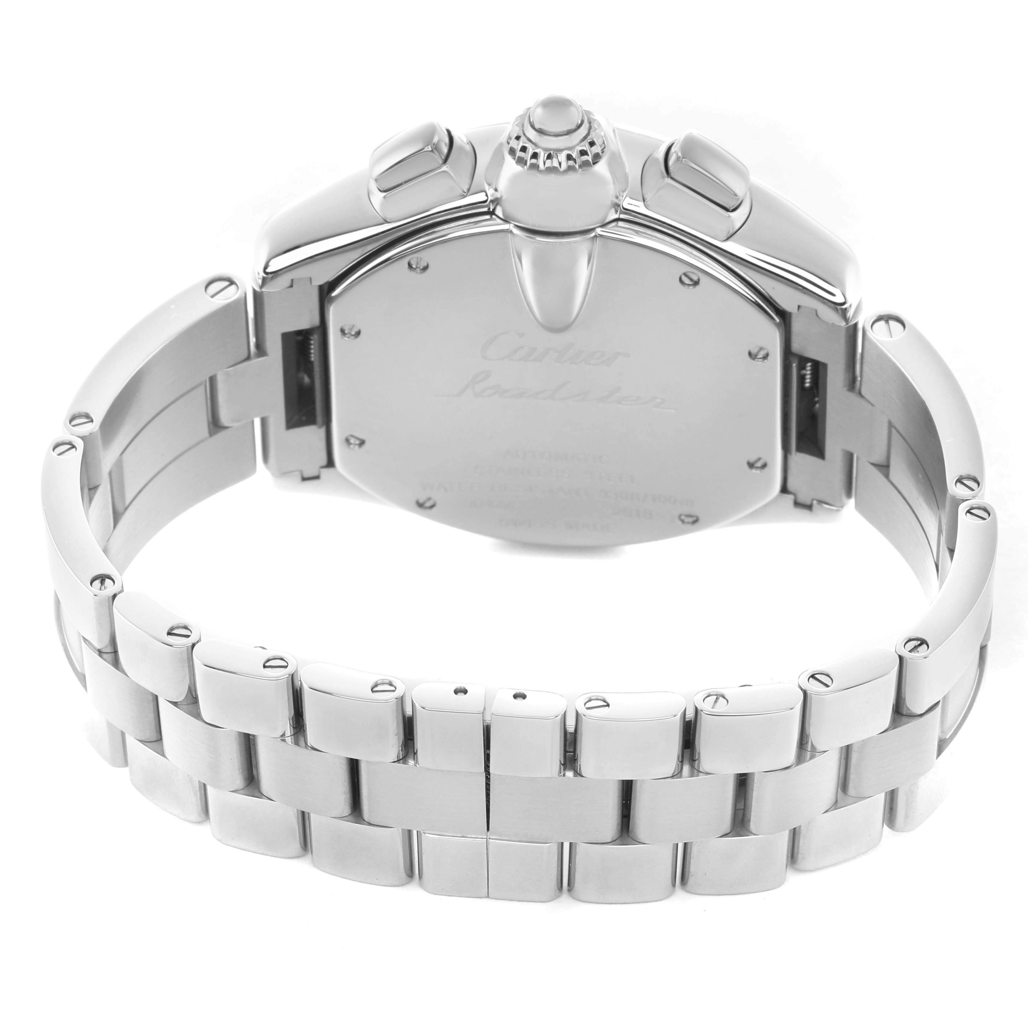 The Cartier Roadster W62020X6 Men's Stainless Steel Black Dial watch is shown from the back, highlighting its case back, bracelet, and crown.
