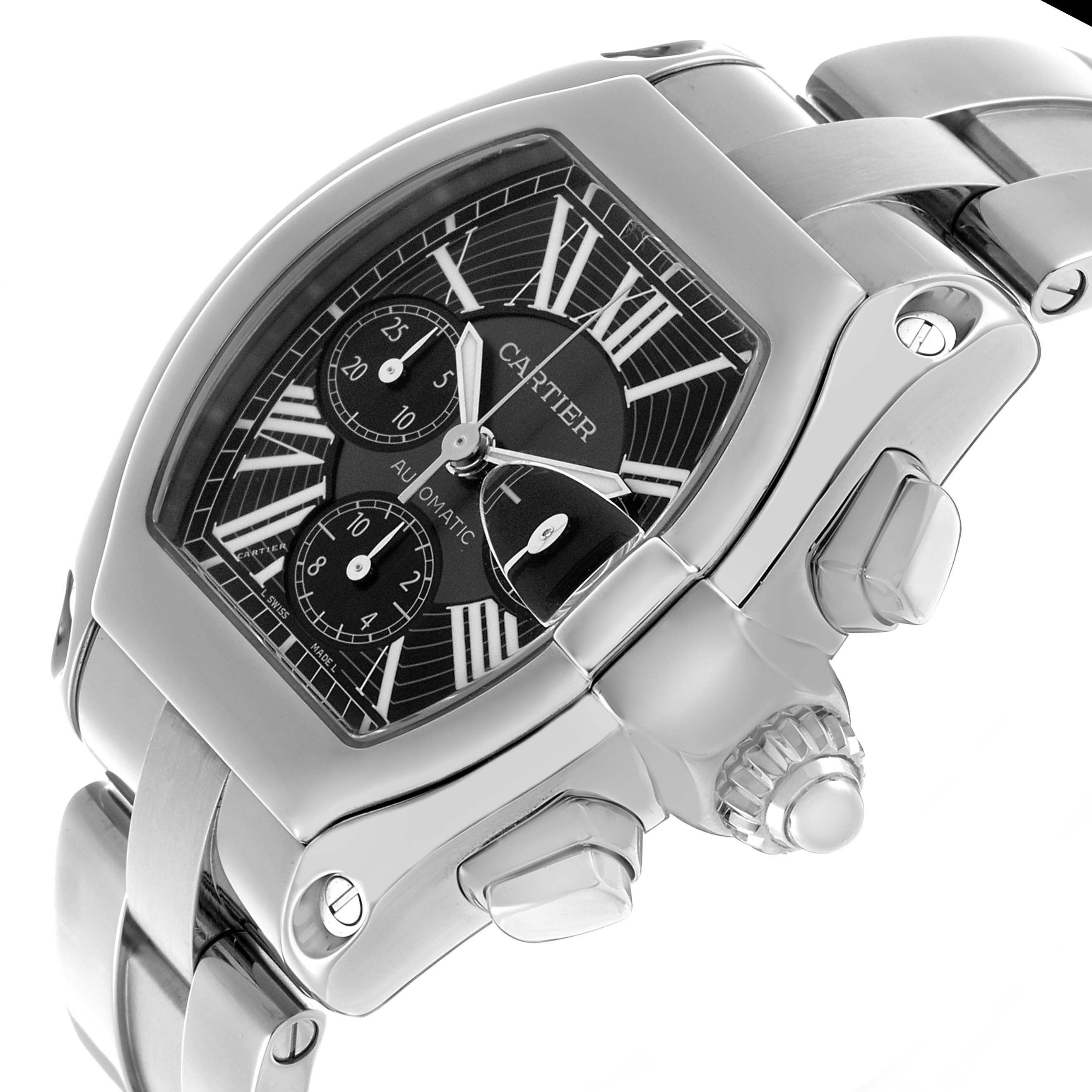 The Cartier Roadster W62020X6 Men's Stainless Steel Black Dial watch is shown at an angled side view, highlighting the case, crown, and bracelet.