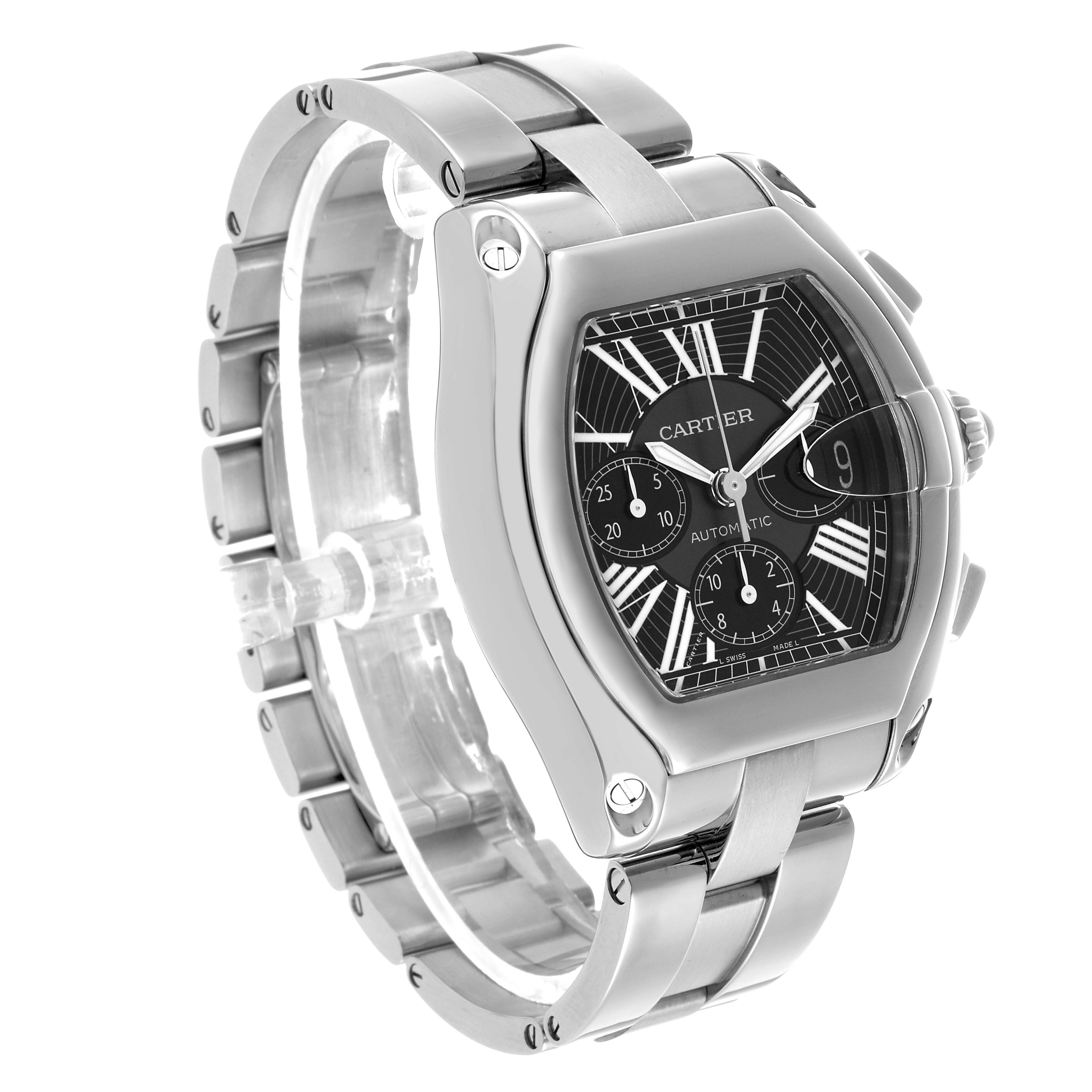 The Cartier Roadster W62020X6 Men's Stainless Steel Black Dial watch is shown at a three-quarter angle, highlighting the dial, case, and bracelet.