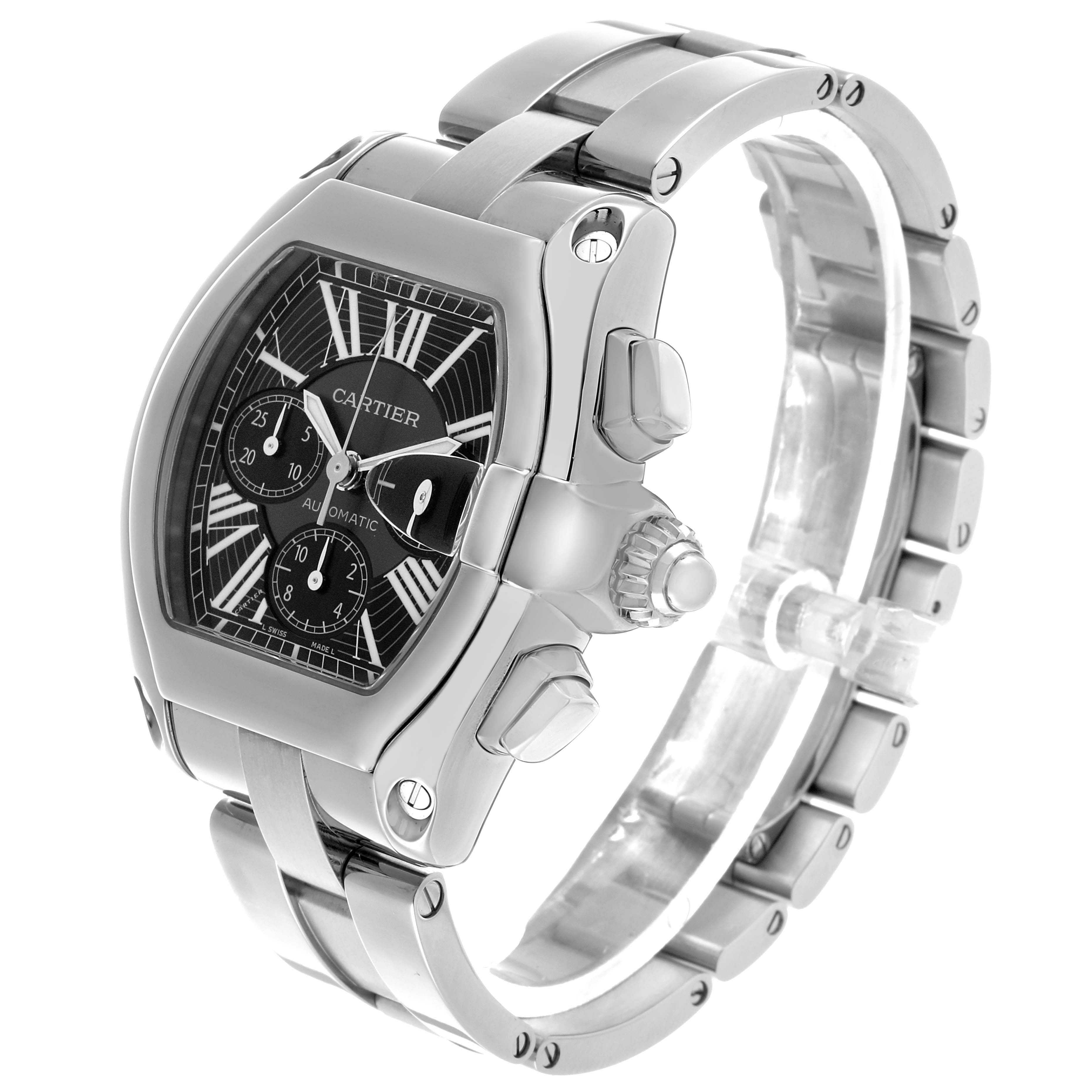 The Cartier Roadster W62020X6 Men's Stainless Steel Black Dial watch is shown at an angled view displaying the face, links, crown, and chronograph buttons.