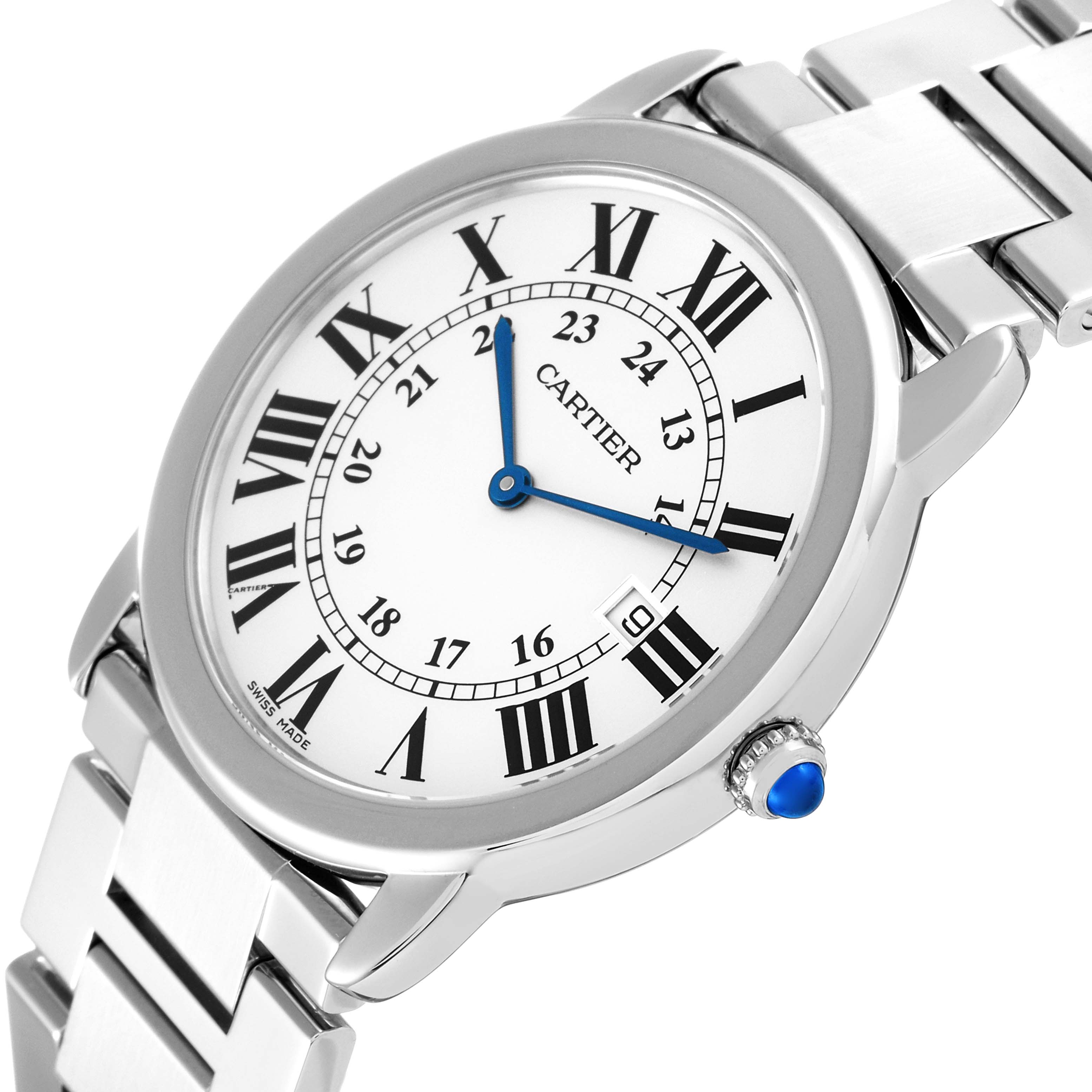 The image shows a Cartier Ronde W6701005 Men
s Stainless Steel Silver Dial W6701005 Men
s Stainless Steel Silver Dial wristwatch from an angled view, focusing on the face, bezel, and part of the bracelet with a visible crown.