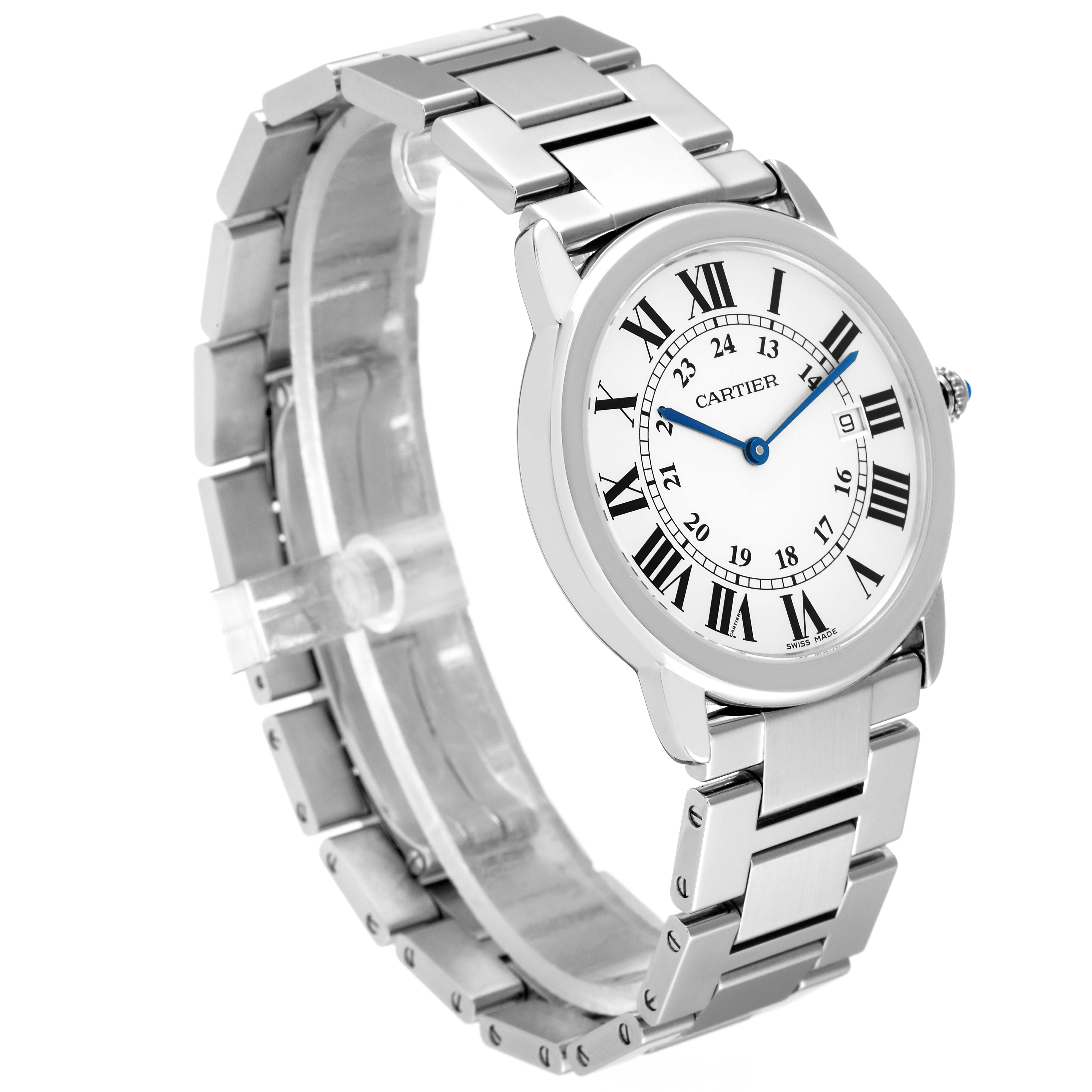 The image shows a Cartier Ronde W6701005 Men
s Stainless Steel Silver Dial W6701005 Men
s Stainless Steel Silver Dial model watch at a front-left angle, displaying its face and metal bracelet.