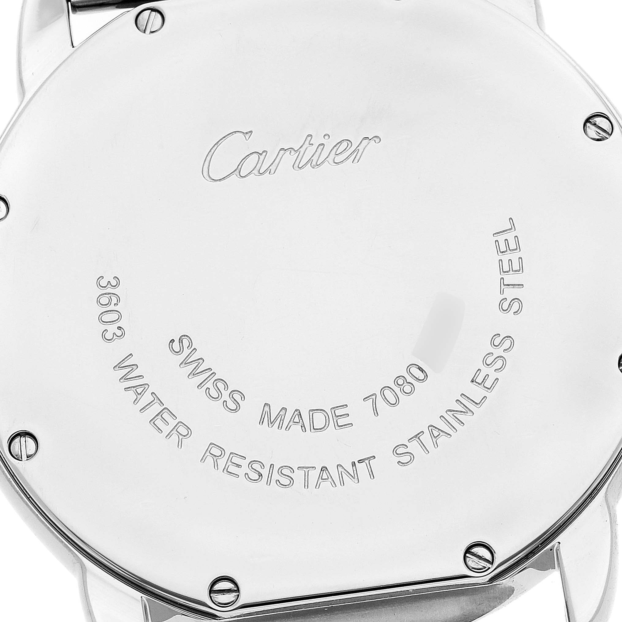 The image shows the stainless steel case back of a Cartier Ronde W6701005 Men
s Stainless Steel Silver Dial W6701005 Men
s Stainless Steel Silver Dial watch, viewed from the rear.