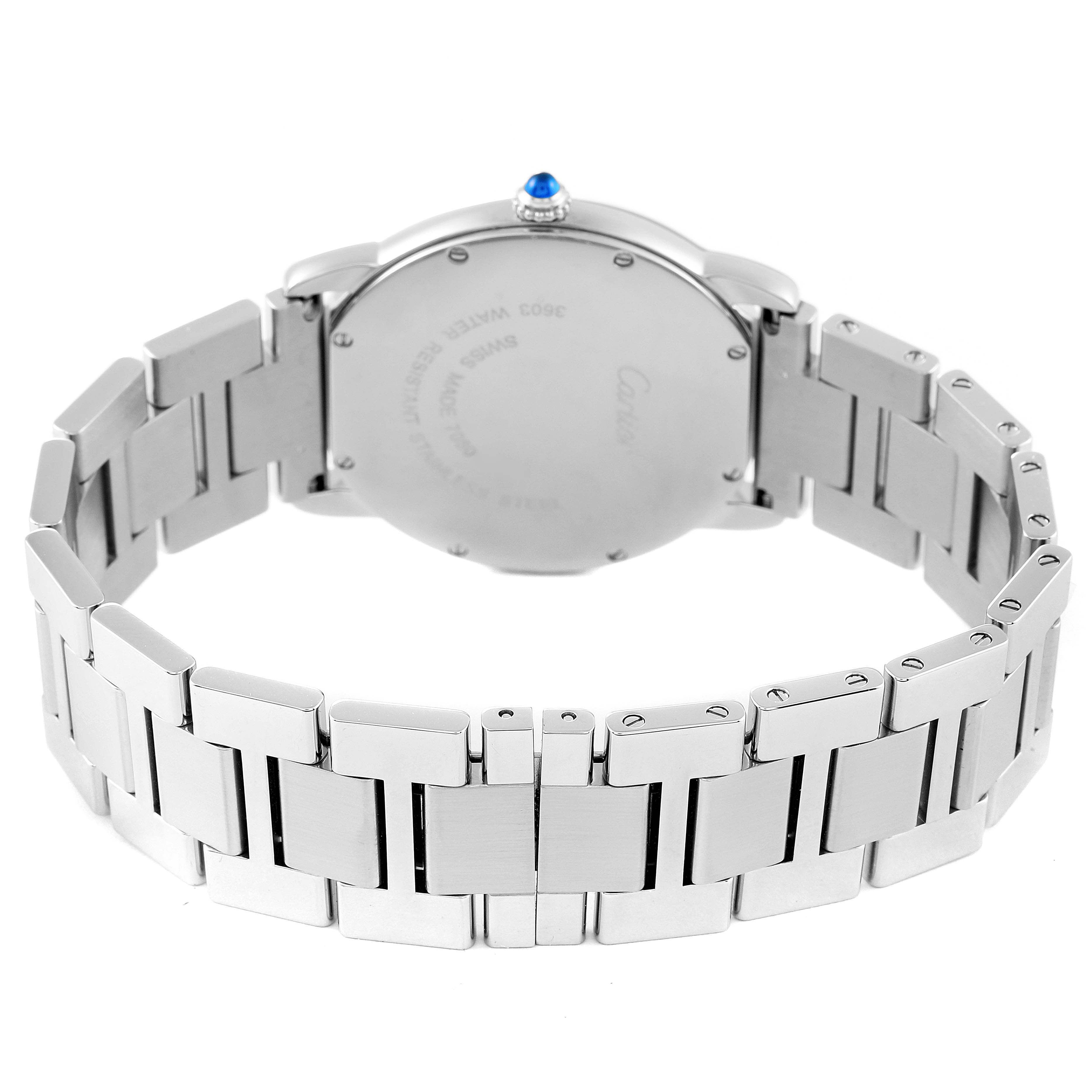 This image shows the back view of a Cartier Ronde W6701005 Men
s Stainless Steel Silver Dial W6701005 Men
s Stainless Steel Silver Dial watch, highlighting its metal bracelet and blue cabochon crown.