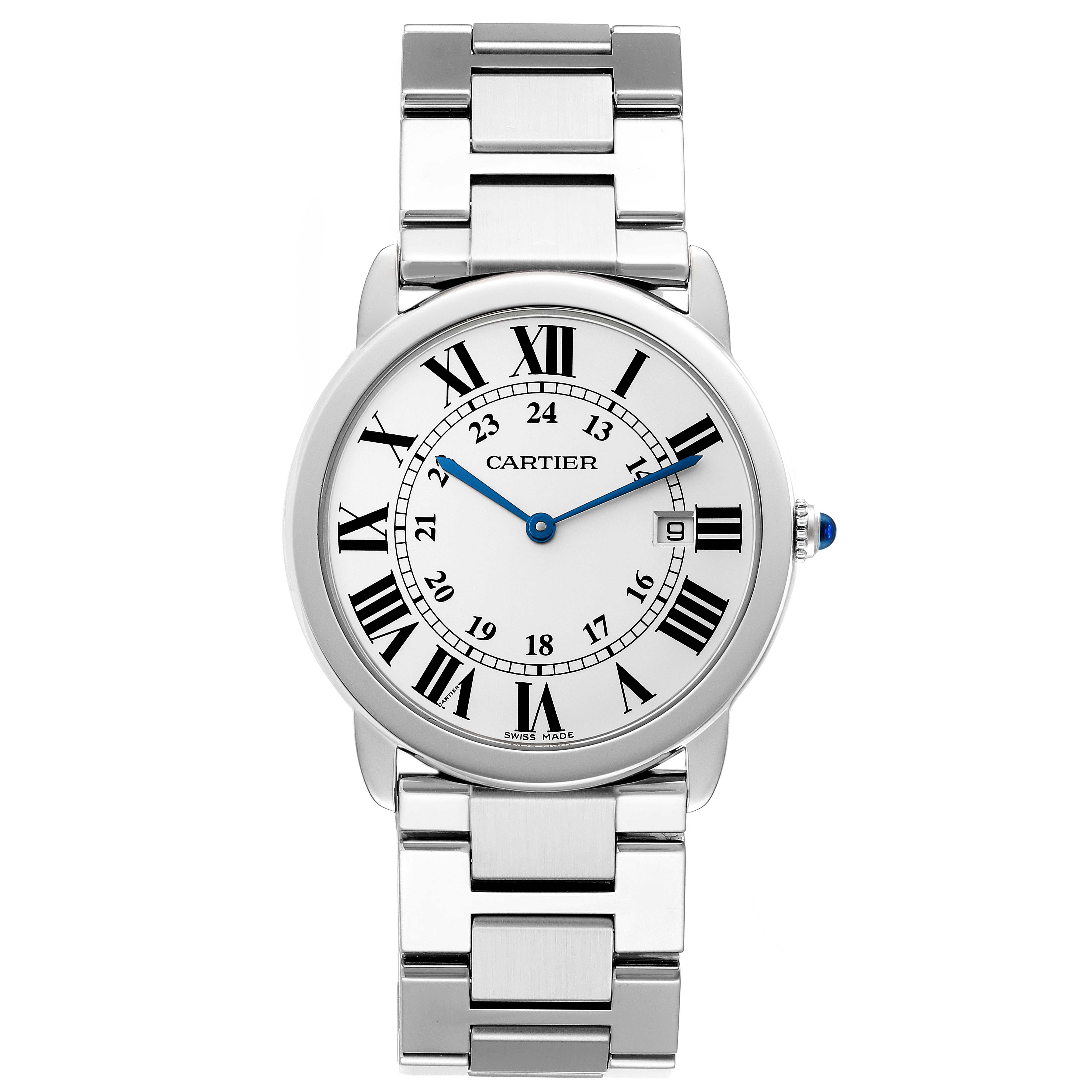 The image shows a frontal view of the Cartier Ronde W6701005 Men
s Stainless Steel Silver Dial W6701005 Men
s Stainless Steel Silver Dial watch, displaying its face, Roman numerals, hands, date window, and bracelet.