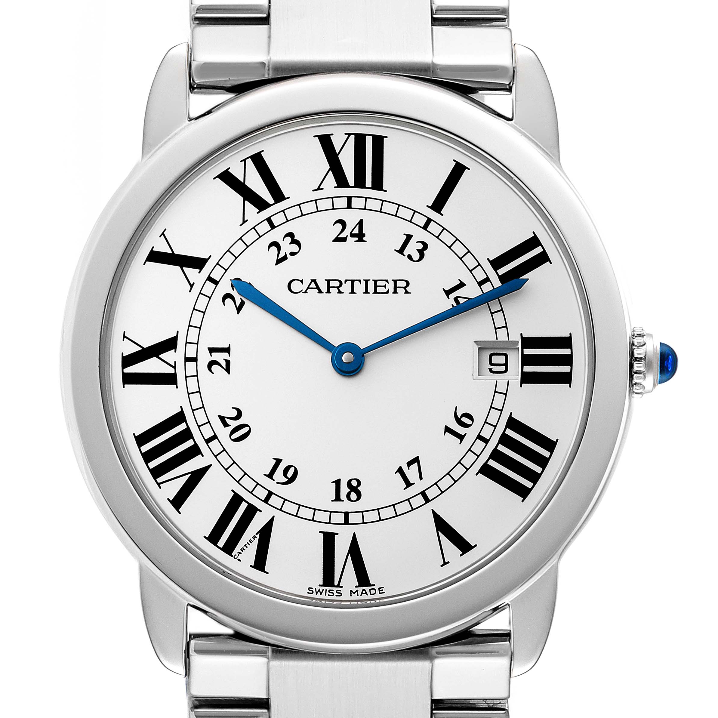 The Ronde model by Cartier is shown in a front view, displaying its face with Roman numerals, blue hands, and a silver metal bracelet.