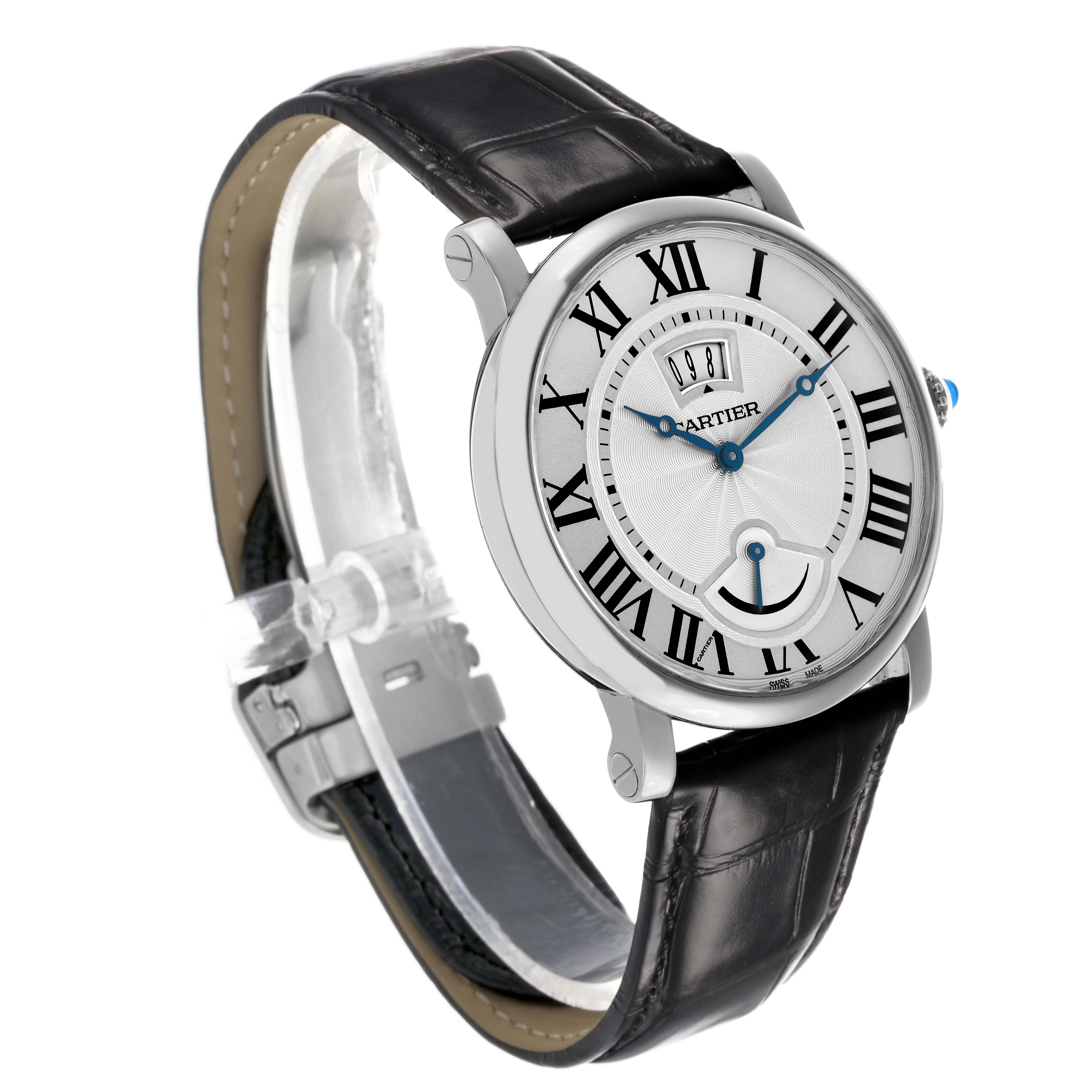 The Cartier Rotonde W1556369 Men's Stainless Steel Silver Dial watch is shown at a three-quarter angle, displaying the face, crown, and leather strap.