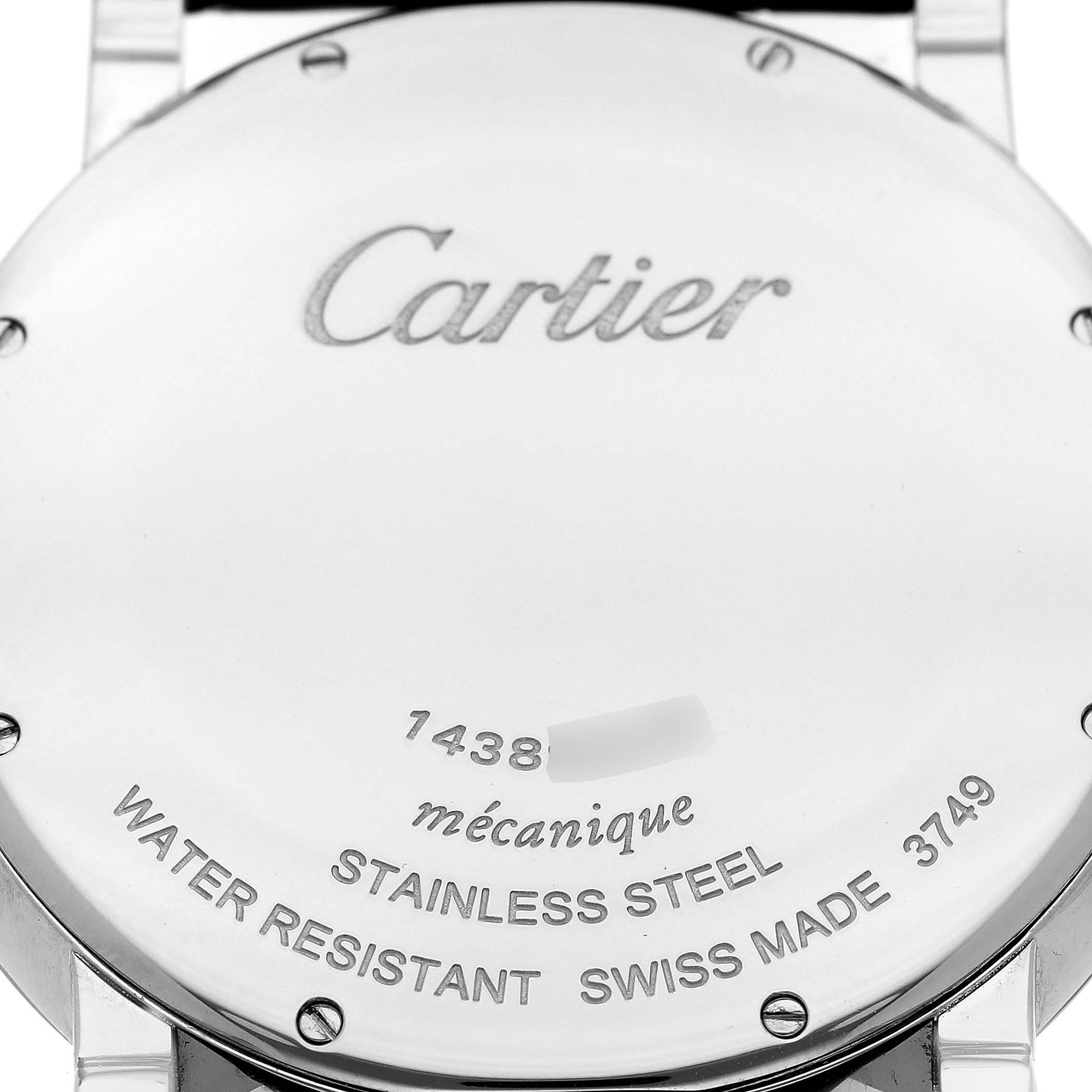 The image shows the case back of the Rotonde model by Cartier, displaying engravings about the watch's specifications.