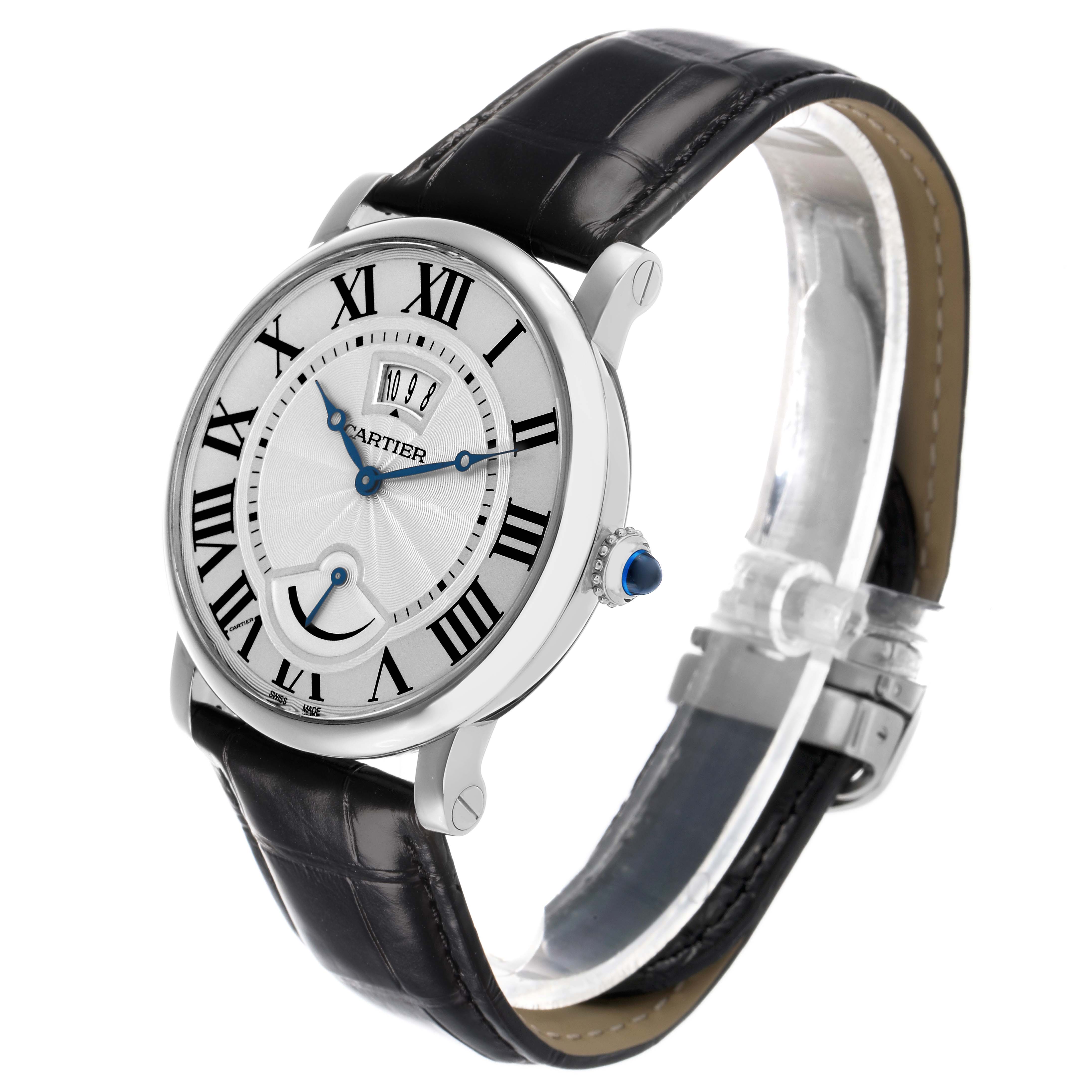 The Cartier Rotonde W1556369 Men's Stainless Steel Silver Dial watch is shown at a three-quarter angle, highlighting the dial, Roman numerals, and leather strap.