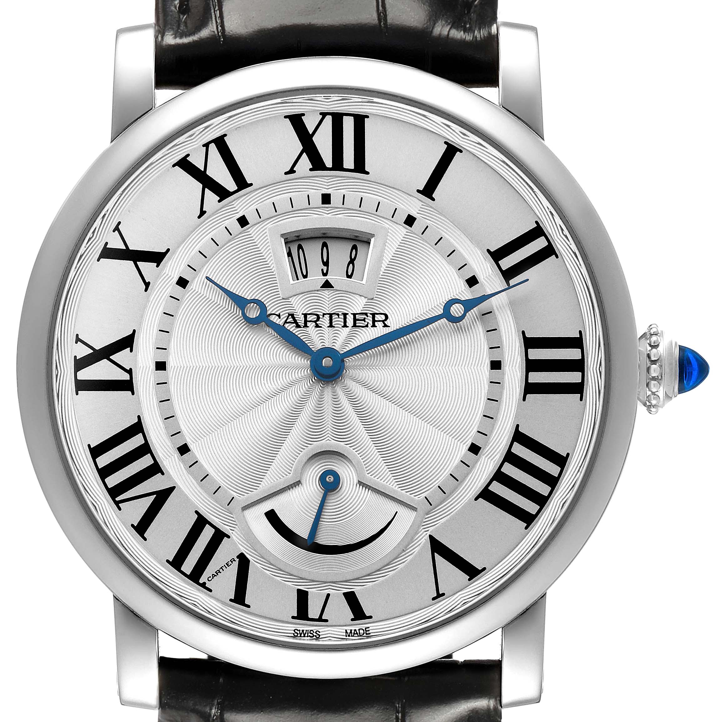 The Cartier Rotonde W1556369 Men's Stainless Steel Silver Dial watch is shown from a front angle, highlighting the dial, Roman numerals, and blue hands.