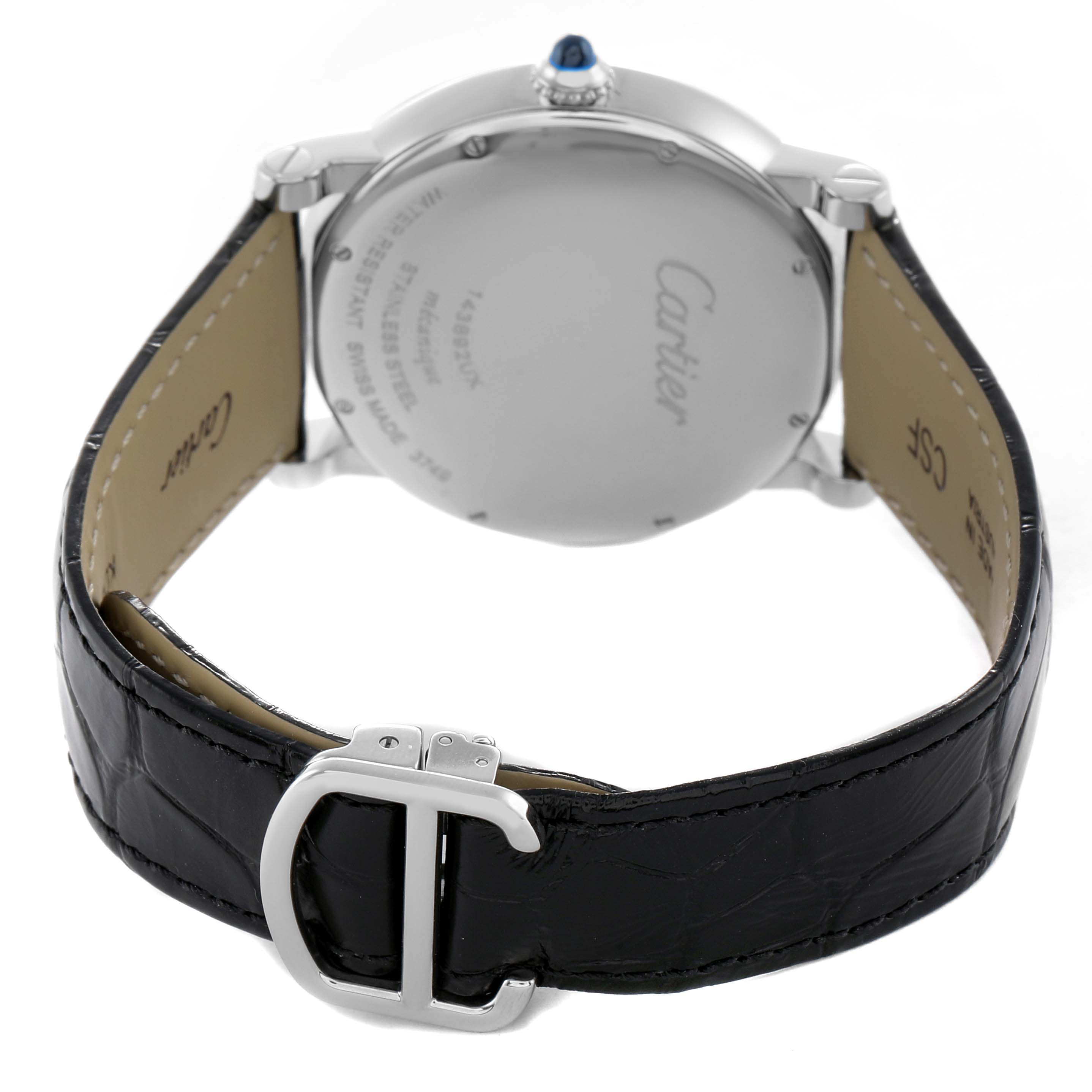 The image shows a rear view of the Cartier Rotonde W1556369 Men's Stainless Steel Silver Dial watch, highlighting its case back, strap, and clasp with a visible crown.