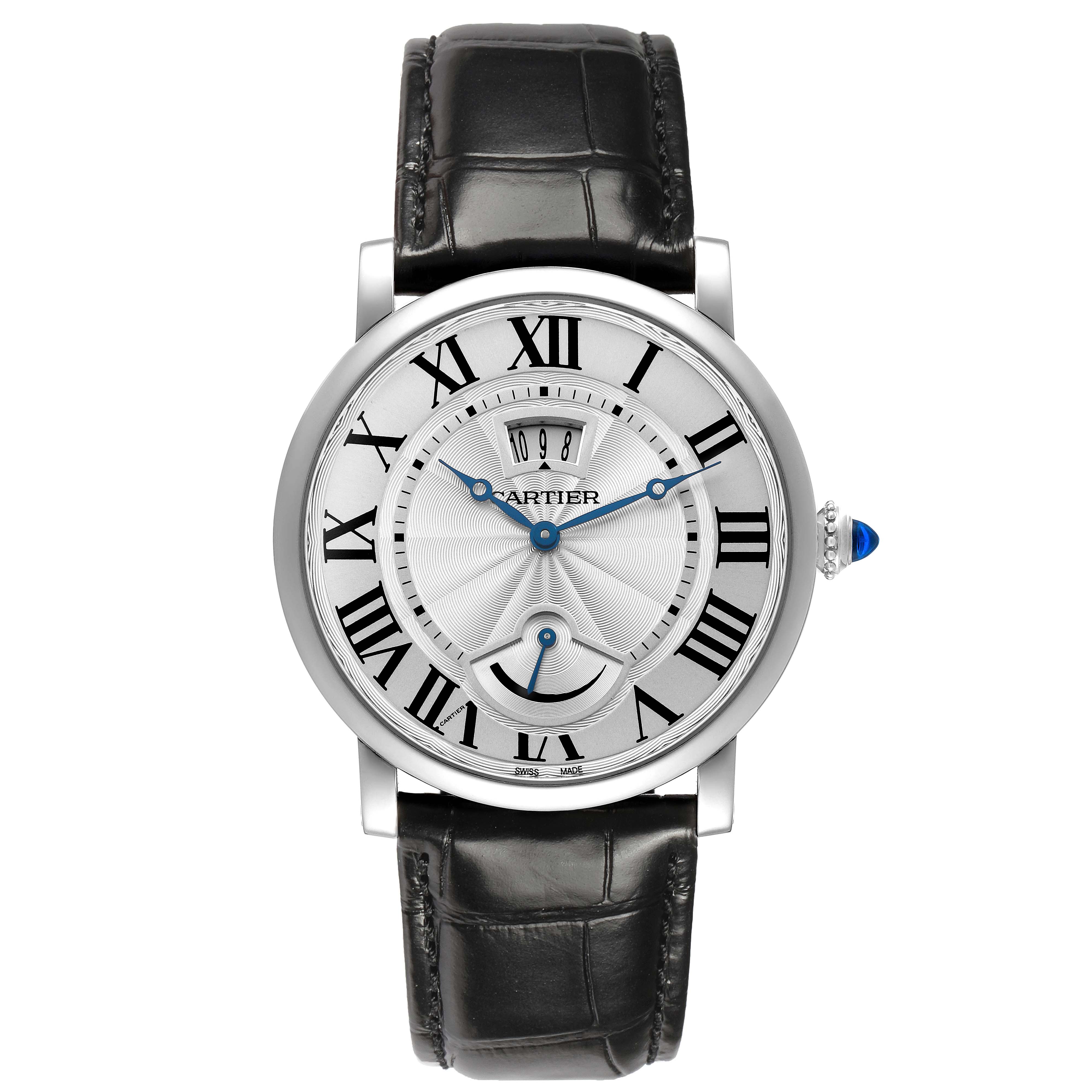 The Cartier Rotonde W1556369 Men's Stainless Steel Silver Dial watch is shown from the front, displaying its dial, hands, and leather strap.
