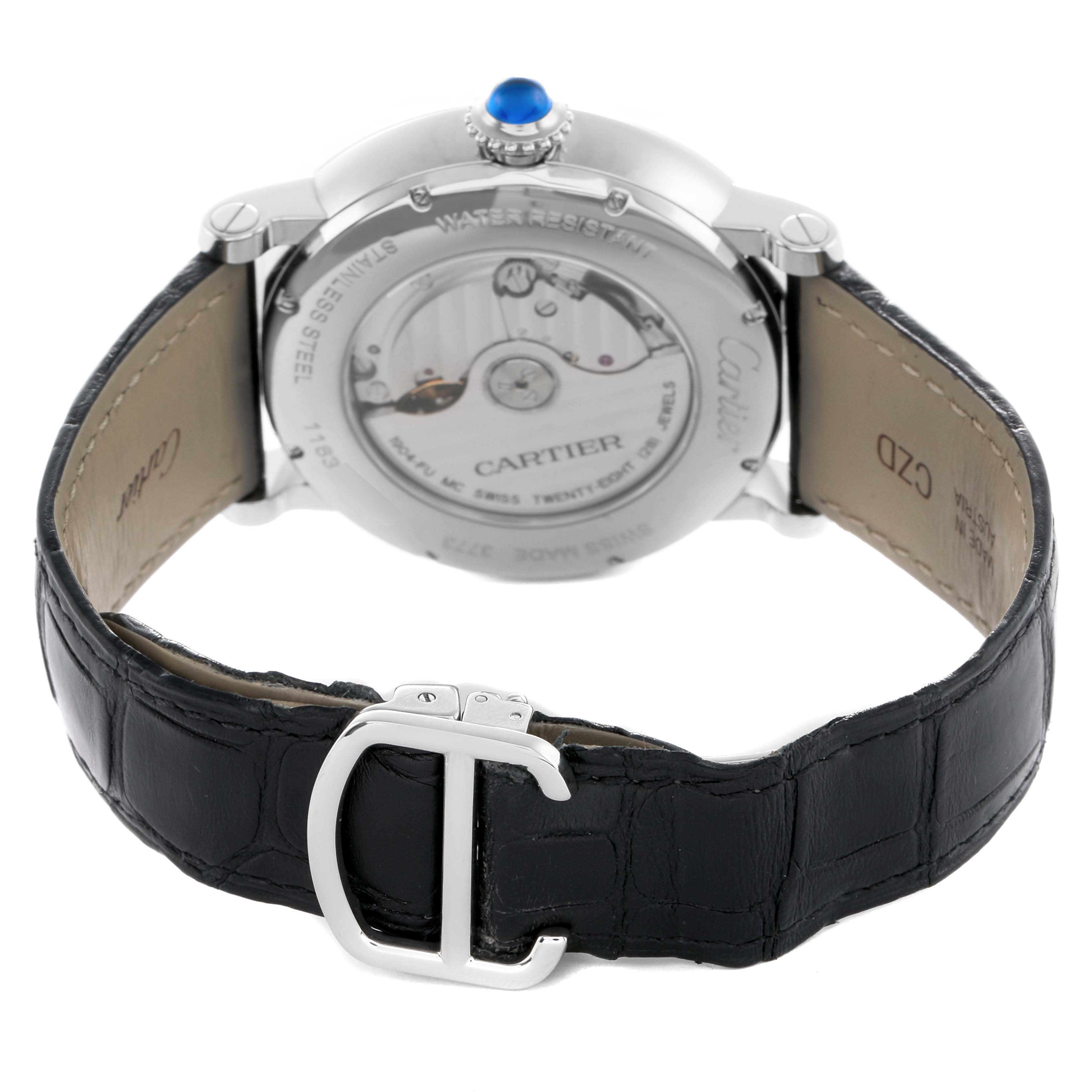The Cartier Rotonde W1556368 Men's Stainless Steel Silver Dial watch is shown from the back, displaying the movement, case back, and leather strap with a buckle.