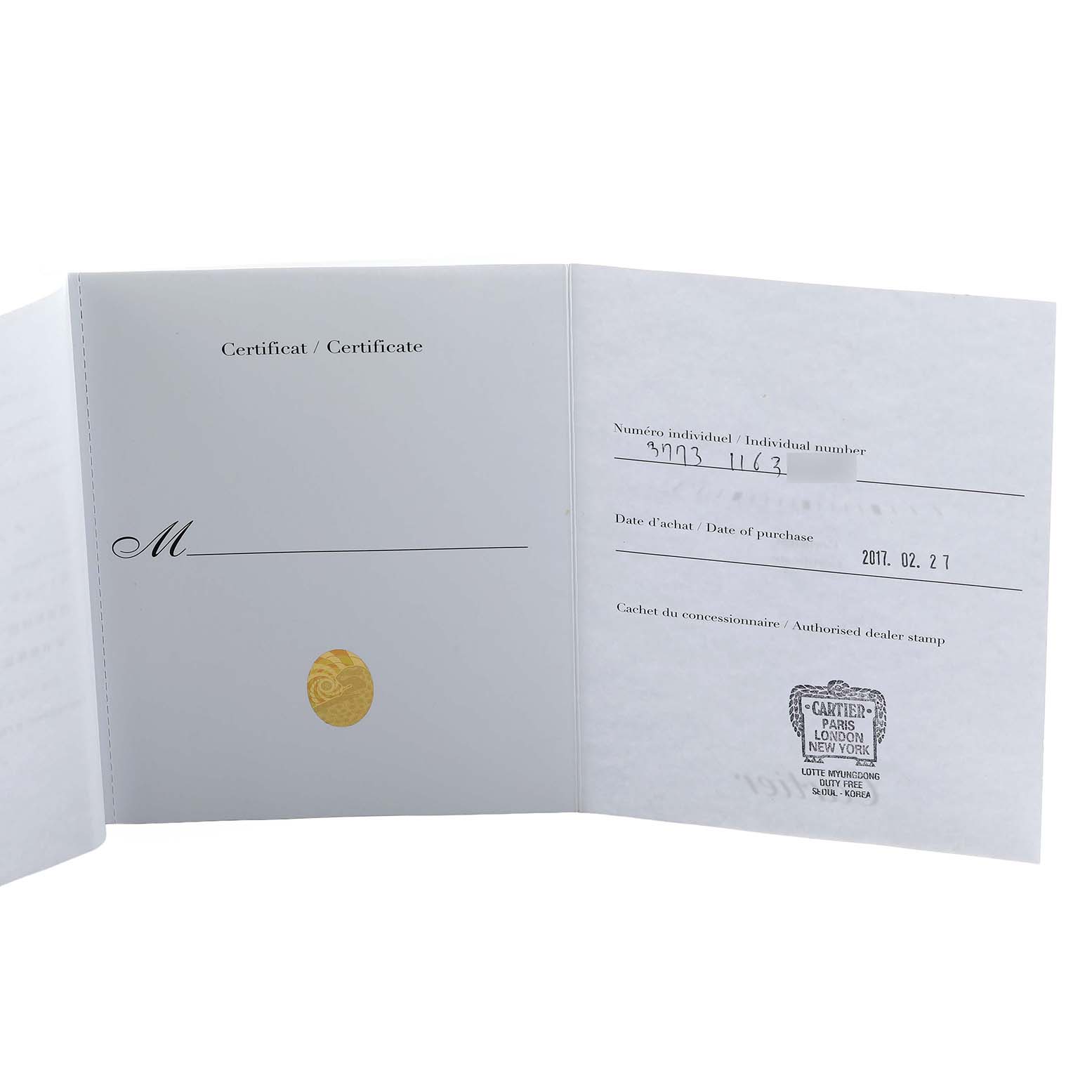 The image shows the certificate booklet for the Cartier Rotonde W1556368 Men's Stainless Steel Silver Dial model, displaying purchase details and a dealer stamp.