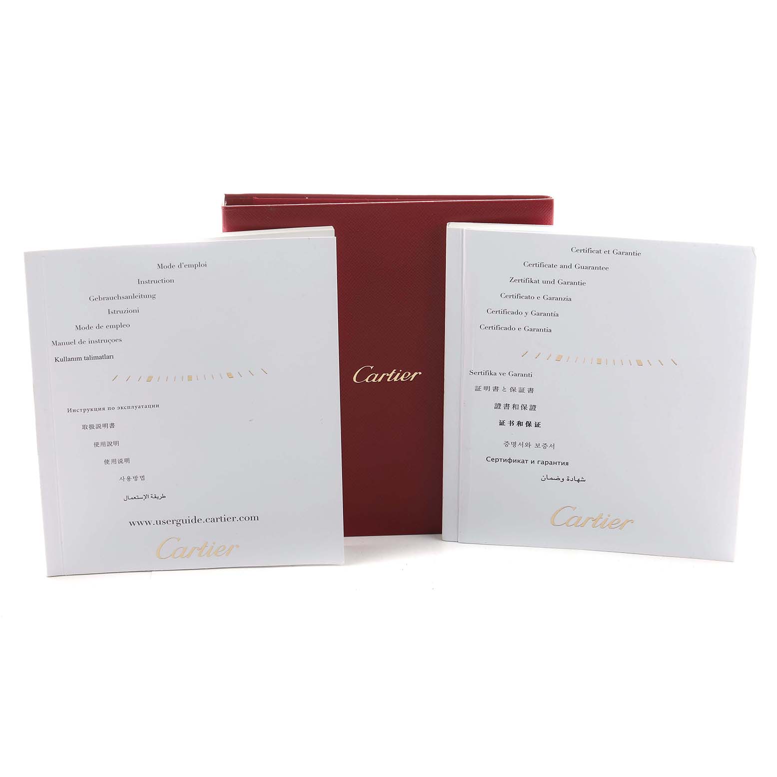 The image shows the Cartier Rotonde W1556368 Men's Stainless Steel Silver Dial watch's accessories, including red boxes and instruction manuals.