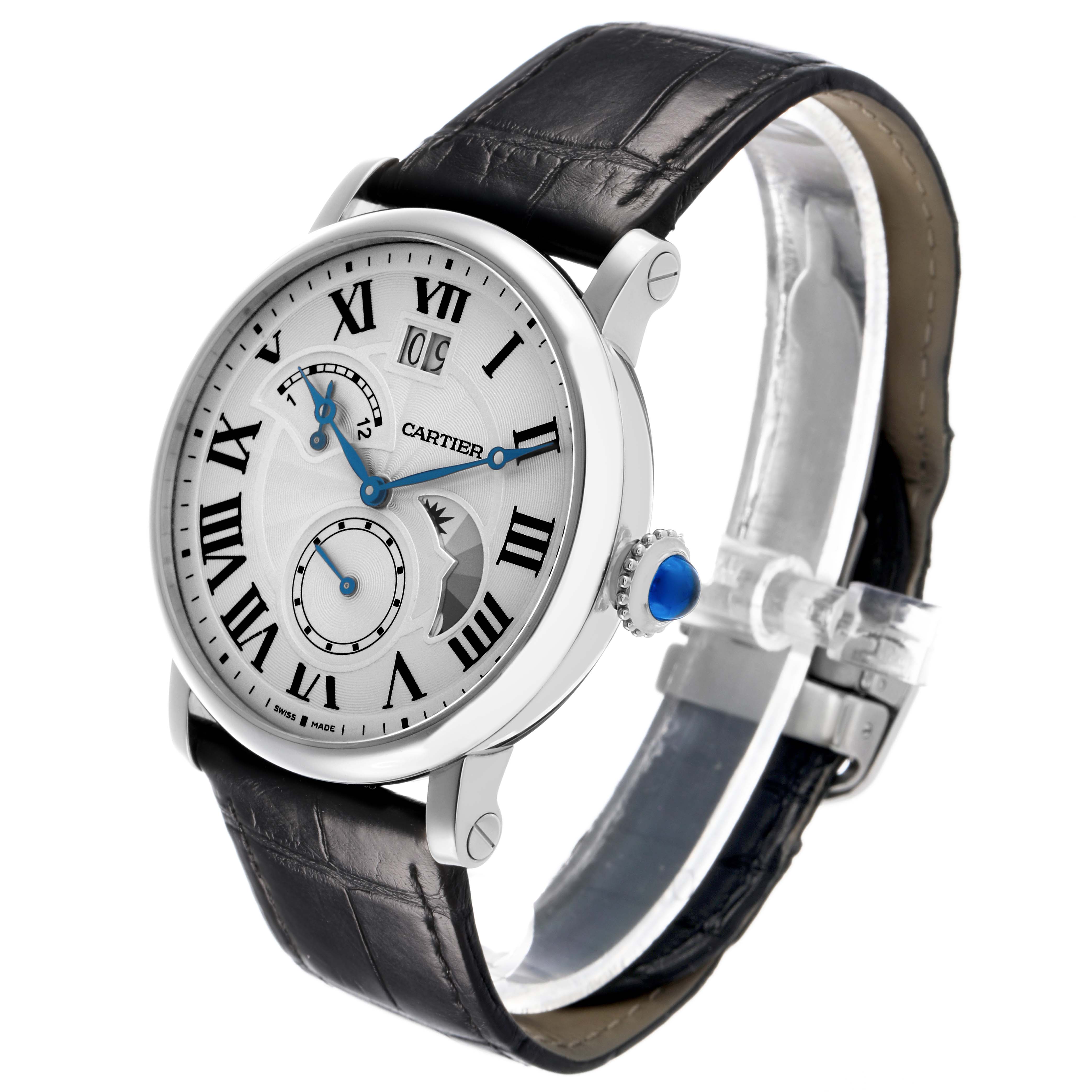 The image shows the Cartier Rotonde W1556368 Men's Stainless Steel Silver Dial watch at a three-quarter angle, highlighting the face, crown, and black leather strap.