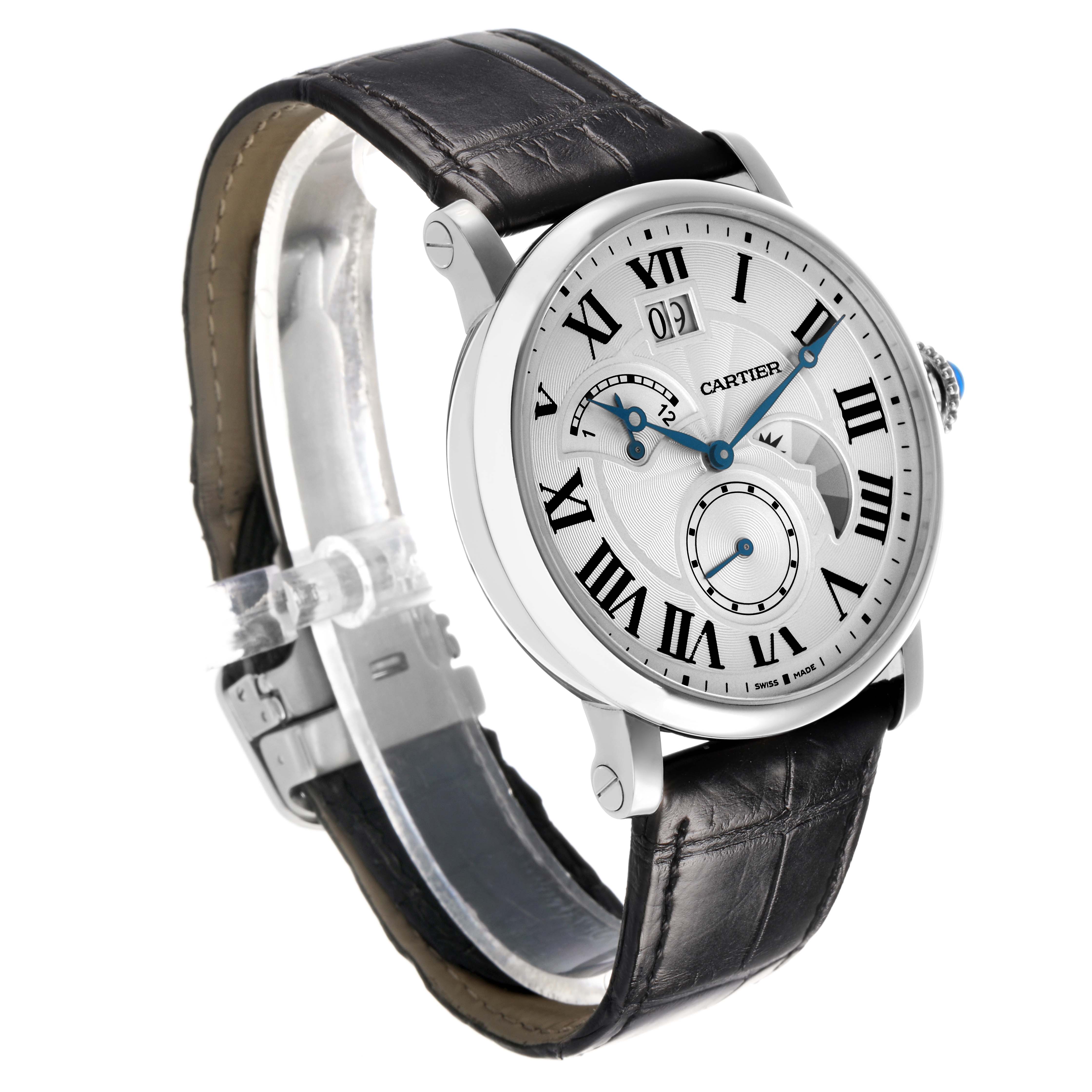 The Cartier Rotonde W1556368 Men's Stainless Steel Silver Dial watch is shown at an angled side view, highlighting its face, strap, and crown.