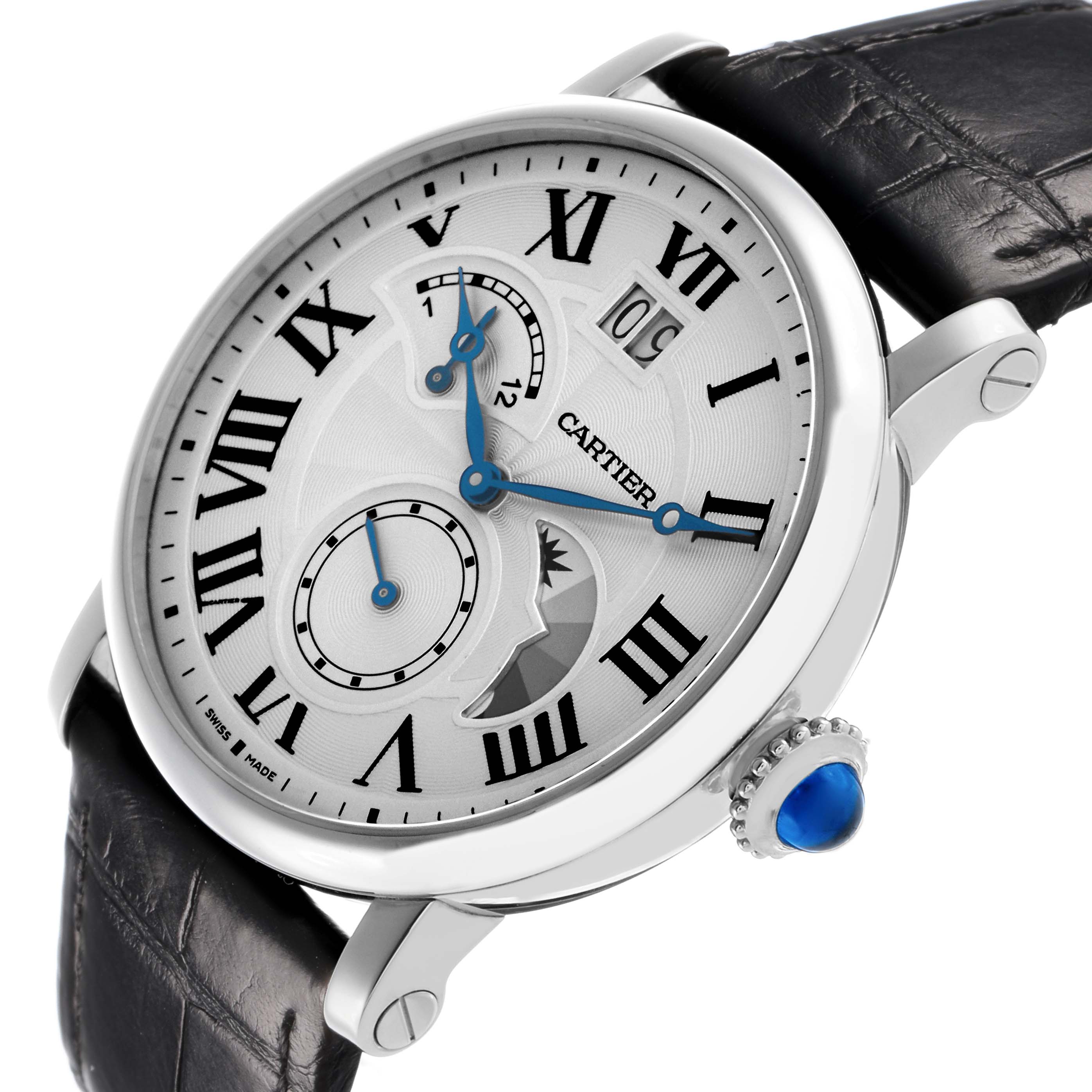 The Cartier Rotonde W1556368 Men's Stainless Steel Silver Dial watch is shown at a slight angle, highlighting the face, Roman numerals, blue hands, crown, and black leather strap.