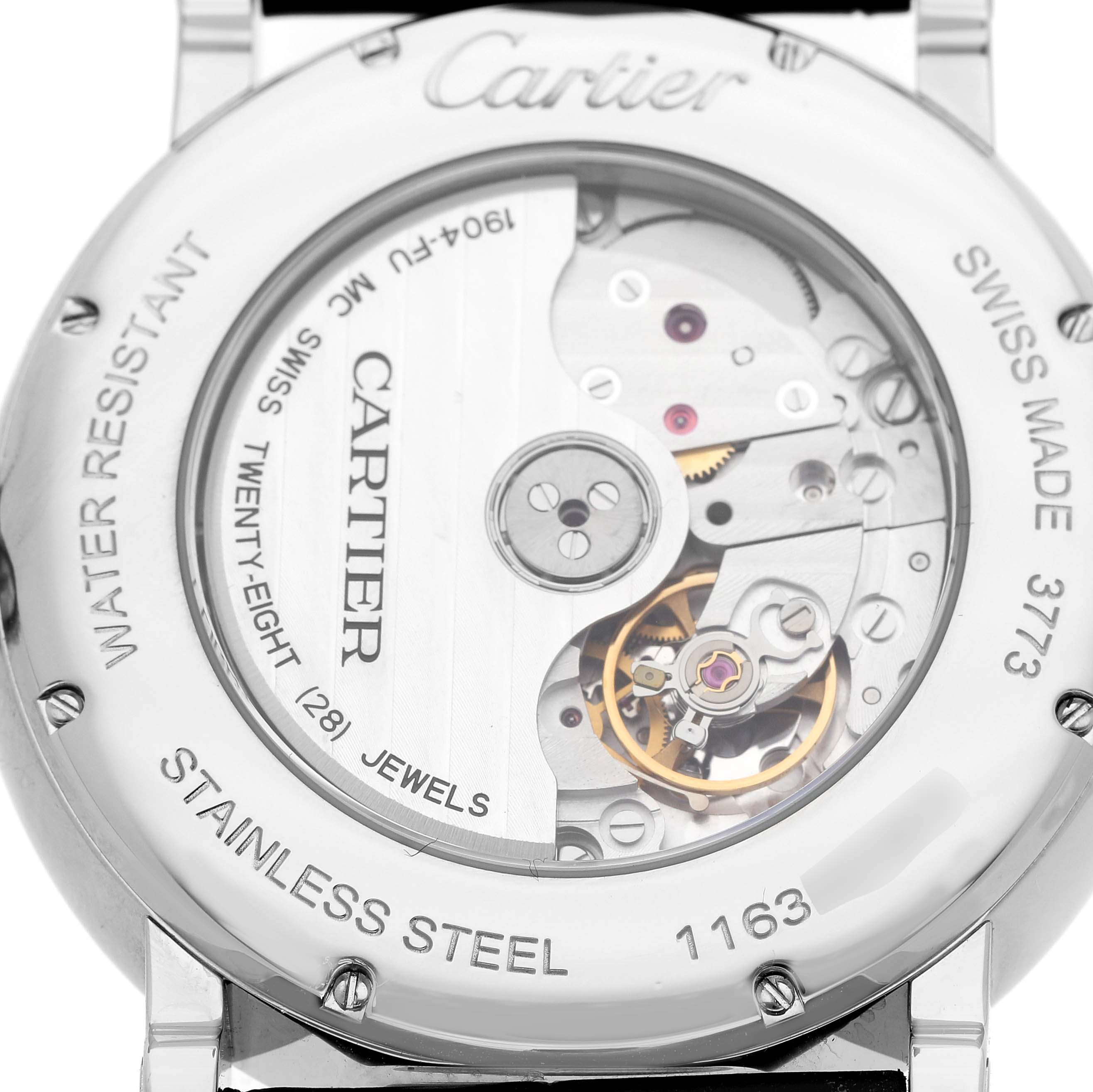 The image shows the back view of a Rotonde model by Cartier, highlighting its mechanical movement and inner components.