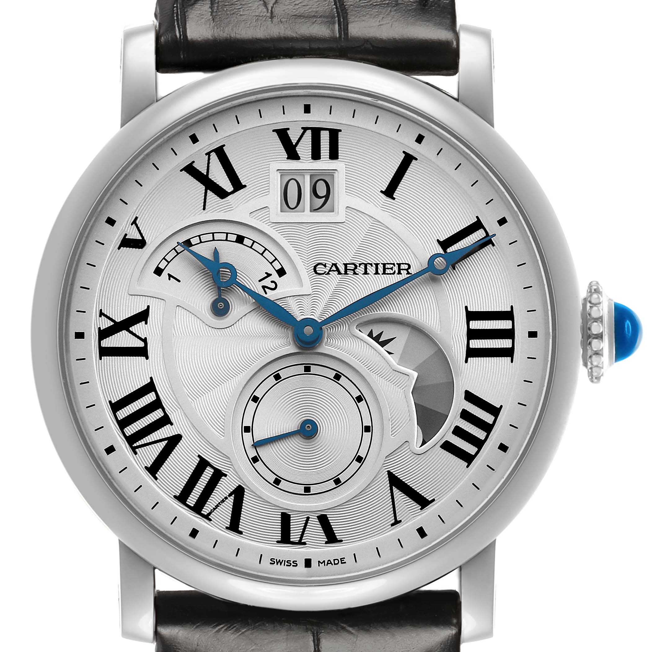 The Cartier Rotonde W1556368 Men's Stainless Steel Silver Dial watch is shown from a frontal angle, highlighting its face, Roman numerals, blue hands, and the crown.