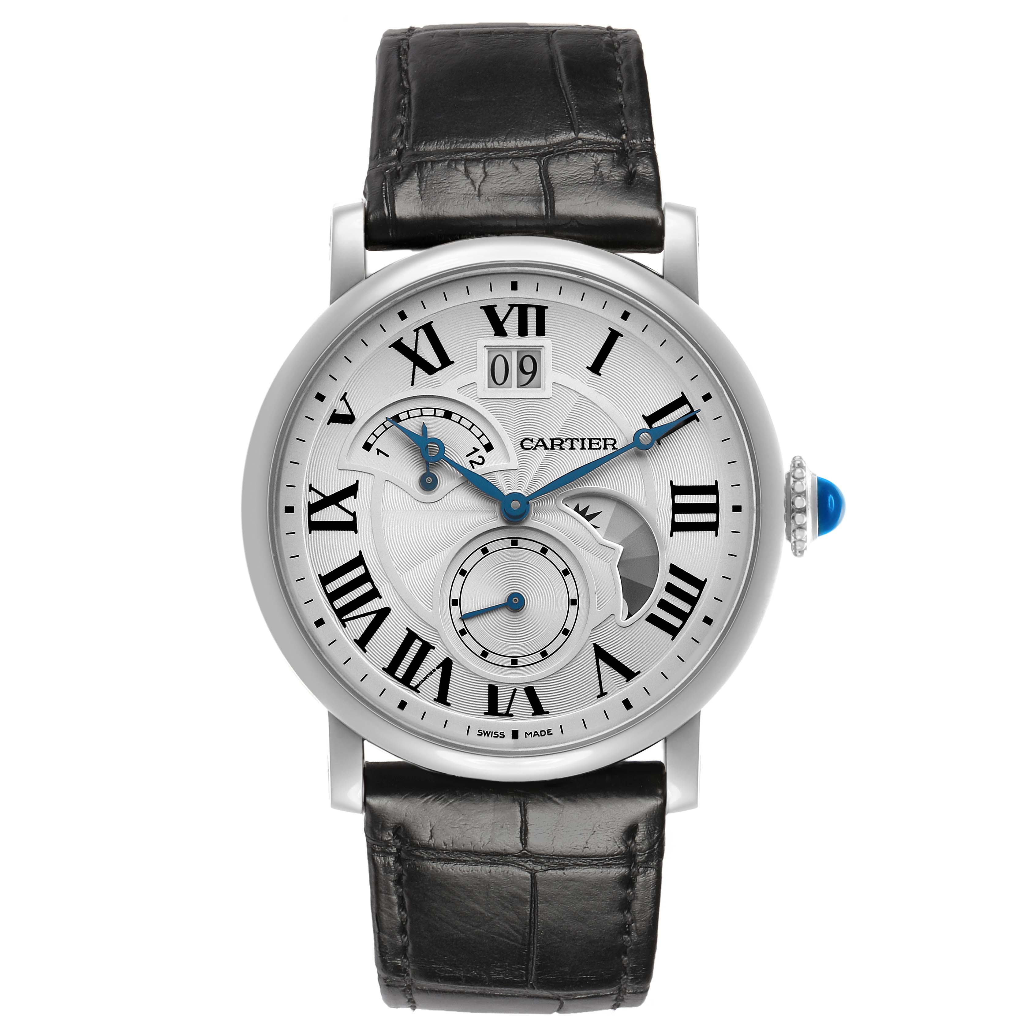 The Cartier Rotonde W1556368 Men's Stainless Steel Silver Dial watch is shown from a front view, displaying its face, Roman numerals, subdials, and leather strap.