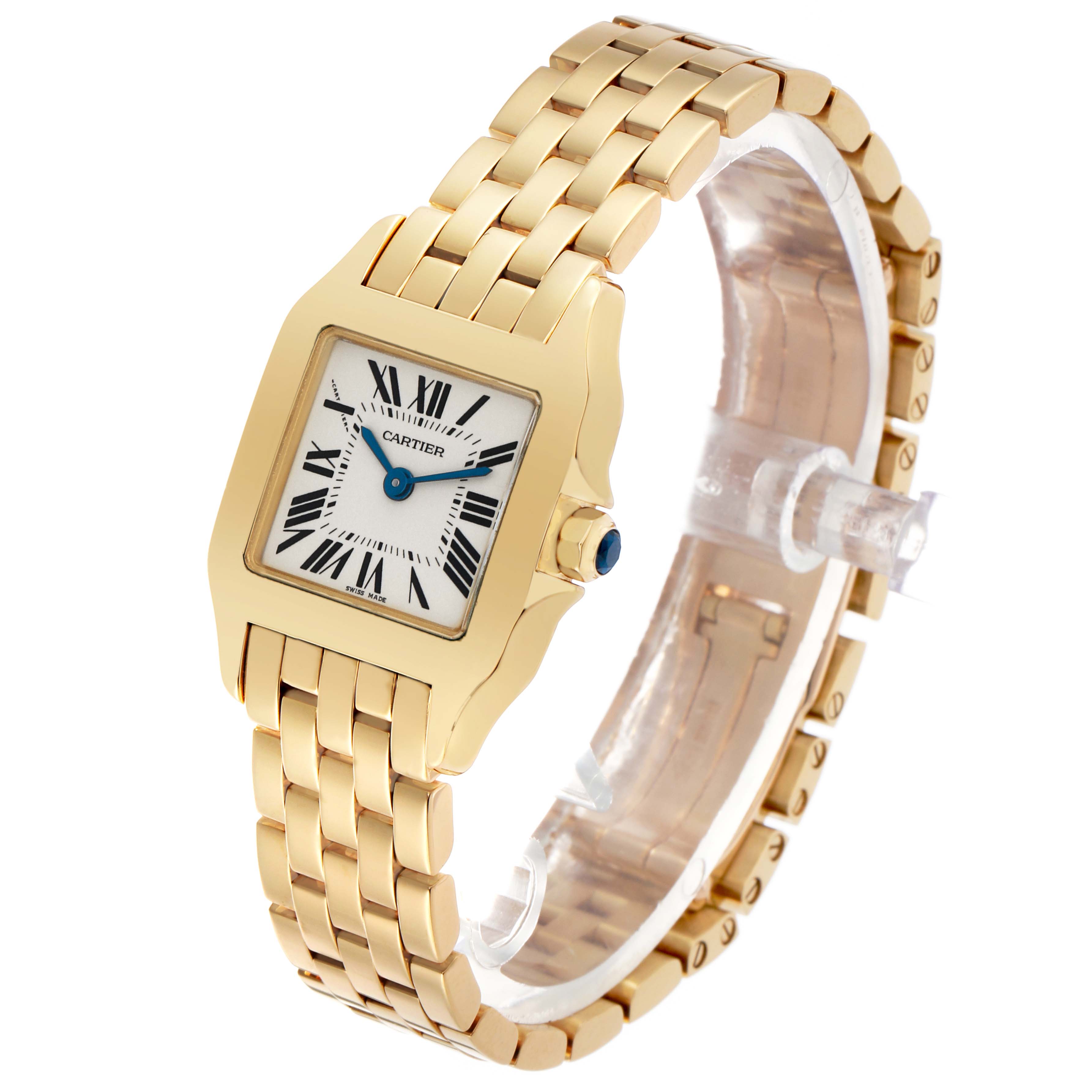 The Cartier Santos Demoiselle W25063X9 Women's Yellow Gold Silver Dial watch is shown at a three-quarter angle, highlighting the face, bezel, and part of the bracelet.